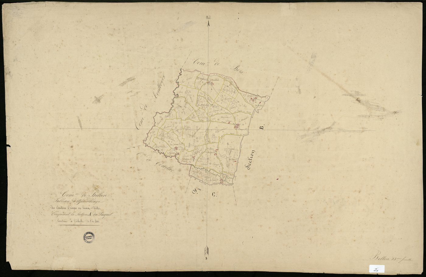 Bellon - 3 P 37/2 - Tableau d'assemblage des cantons triages ou lieux-dits composant la section A dite du Pasquet.  | 1838