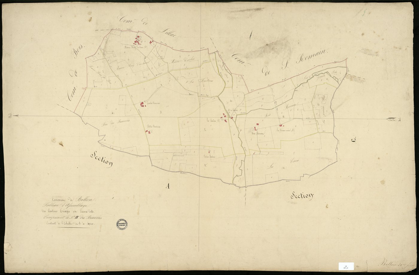 Bellon - 3 P 37/15 - Tableau d'assemblage des cantons triages ou lieux-dits composant la section B des Beauries.  | 1838