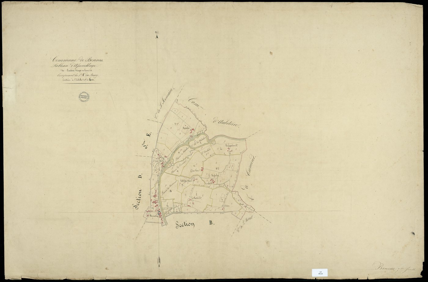 Bonnes - 3 P 49/2 - Tableau d'assemblage de la section A dite du Bourg. Feuille 1.  | 1838