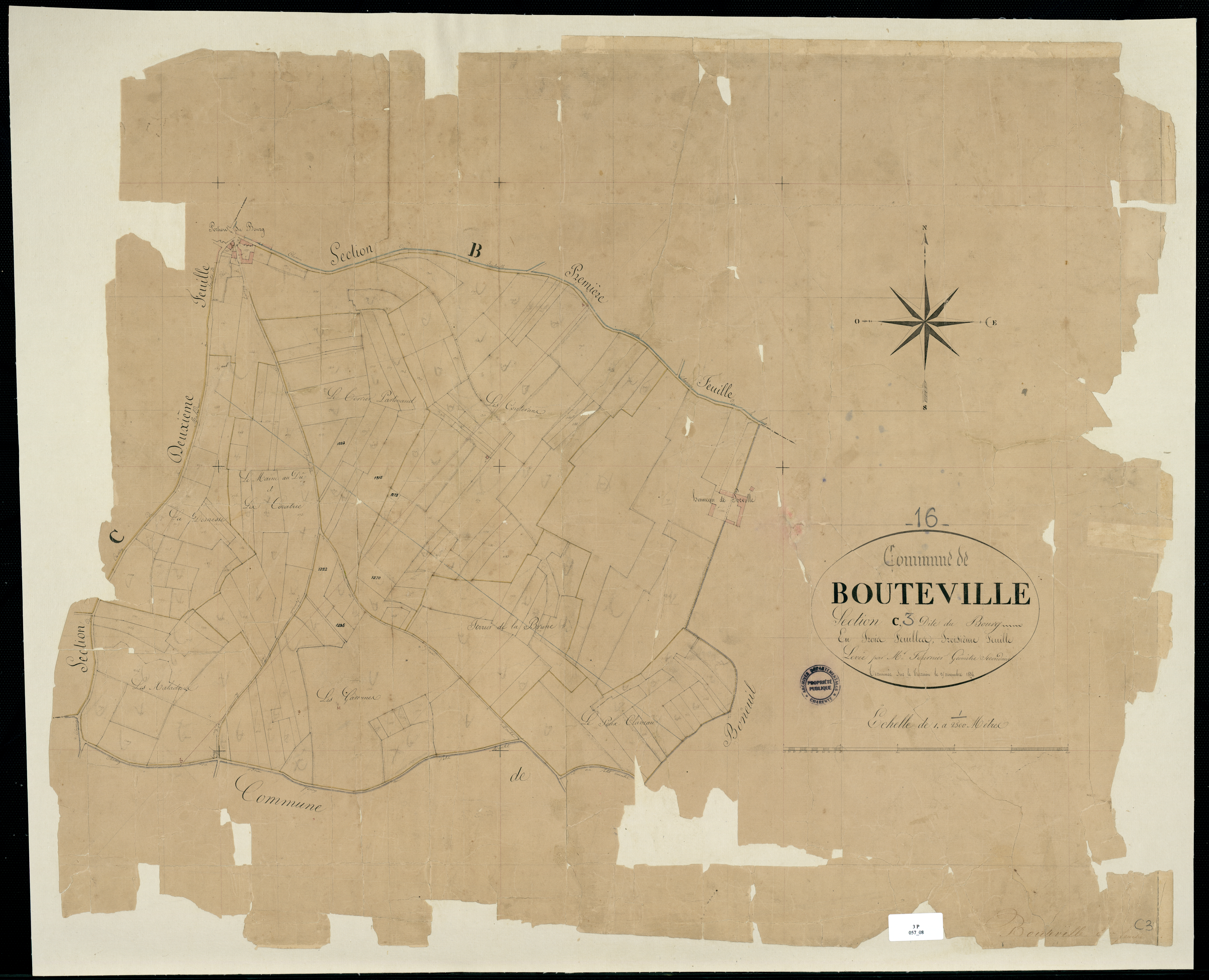Bouteville - 3 P 57/8 - Section C dite du Bourg. Feuille 3.  | 1834