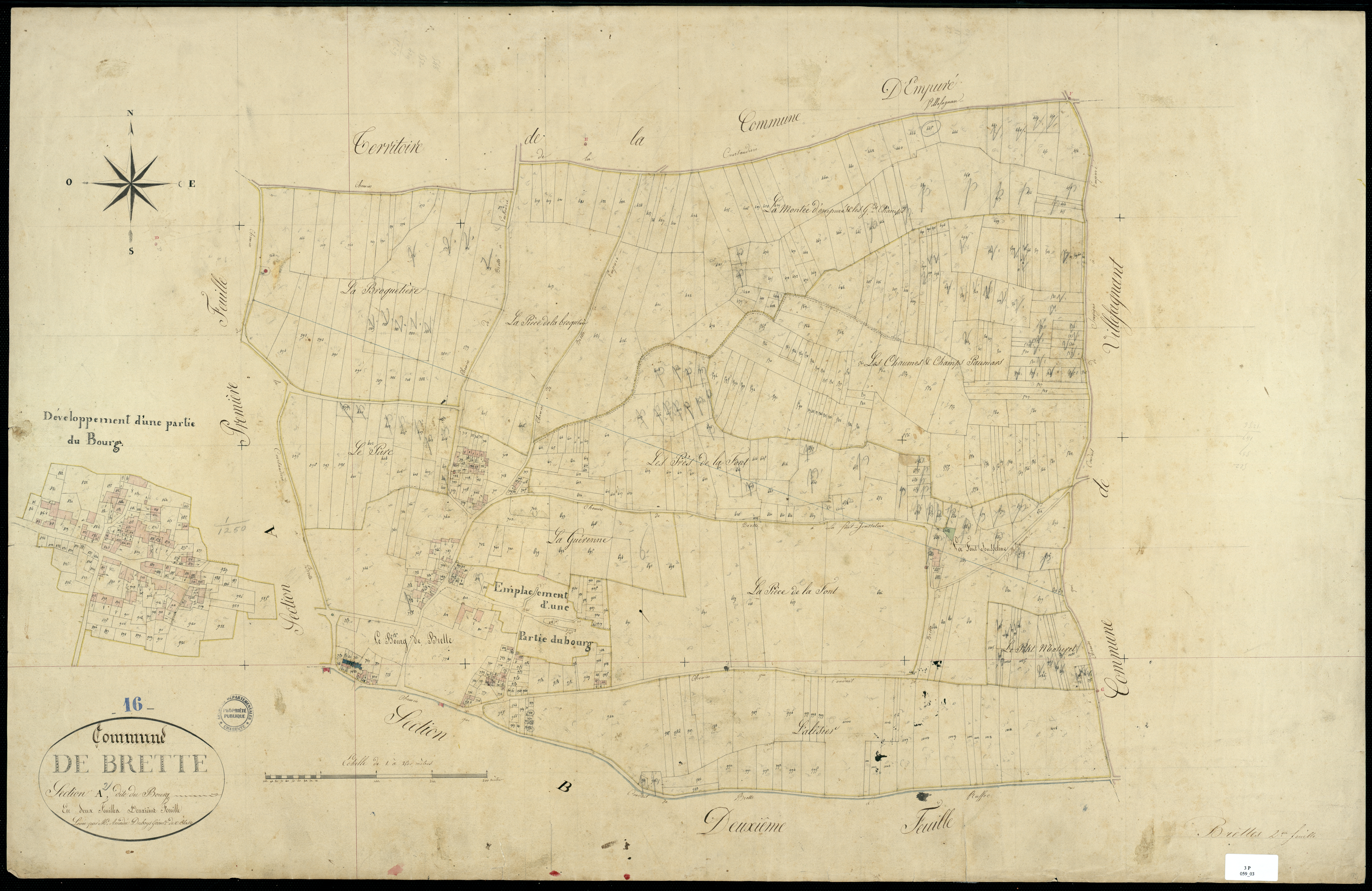 Brettes - 3 P 59/3 - Section A dite du Bourg, développement d'une partie du Bourg. Feuille 2.  | 1829