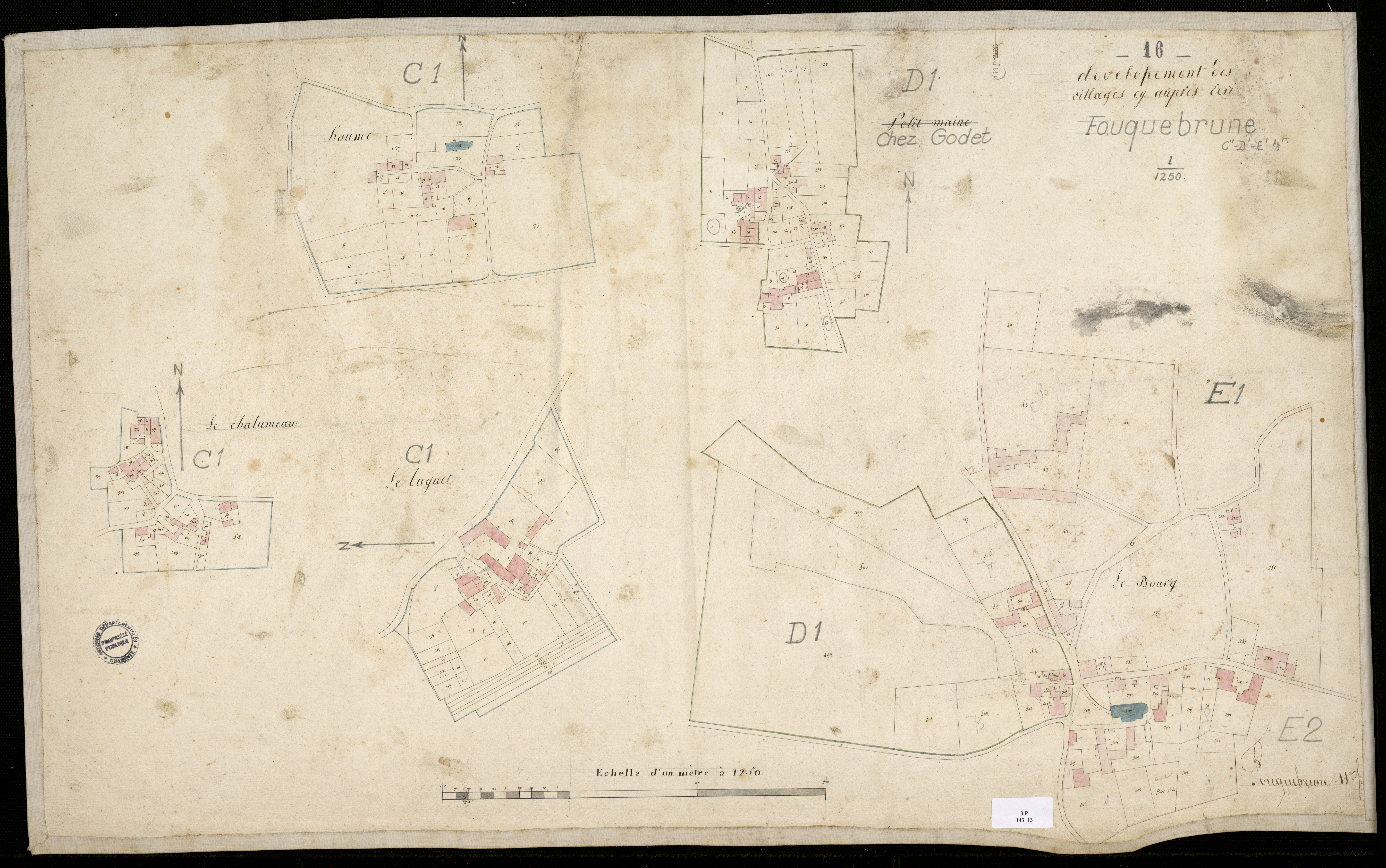 Fouquebrune - 3 P 143/13 - Section C,D,E : développement des villages de L'houme, Le Chalumeau, Le Buguet, Chez Godet, et le Bourg. Feuille 1.  | 1823