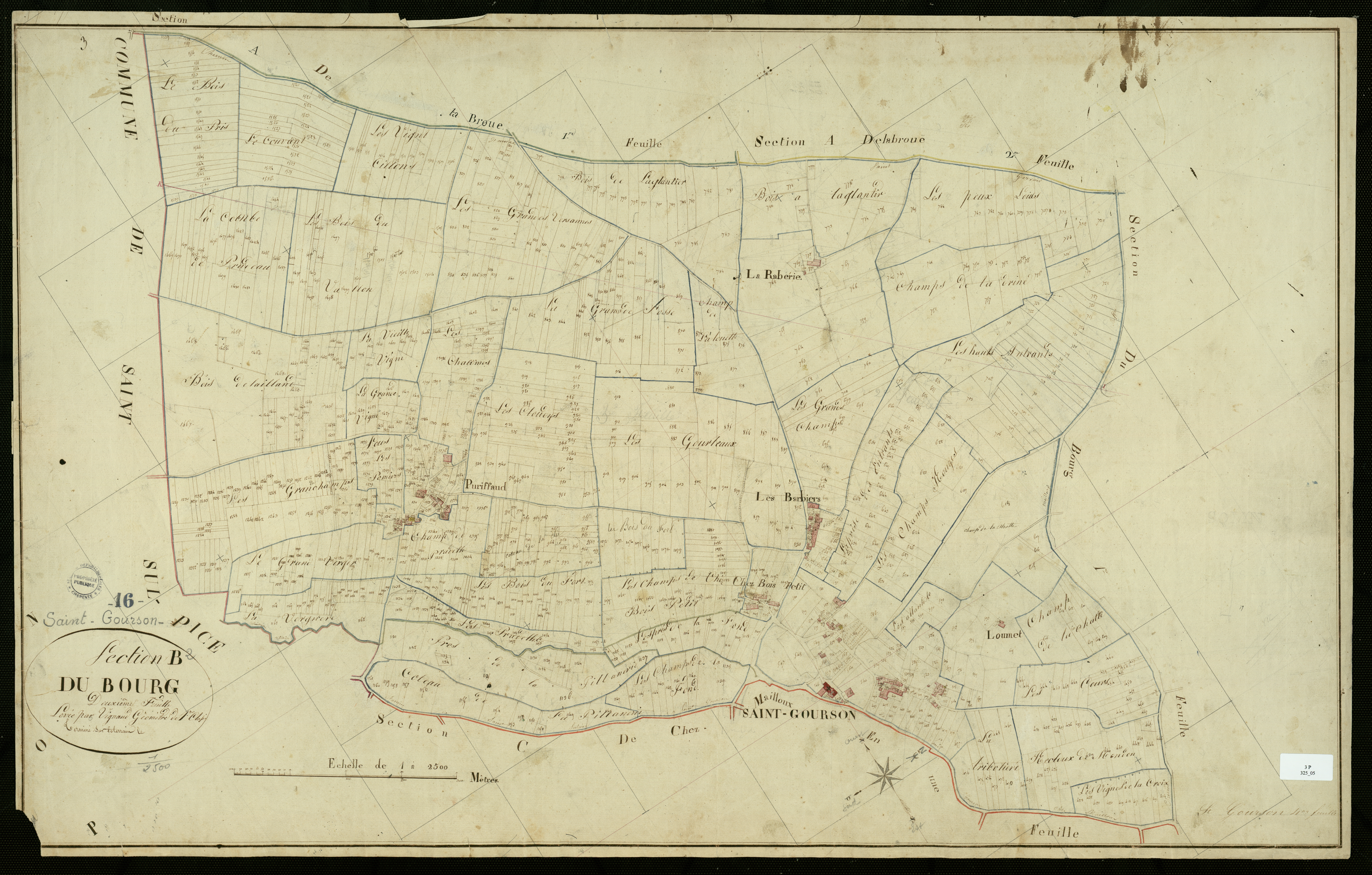 Gours - 3 P 325/5 - Section B dite du Bourg. Feuille 2.  | 1818
