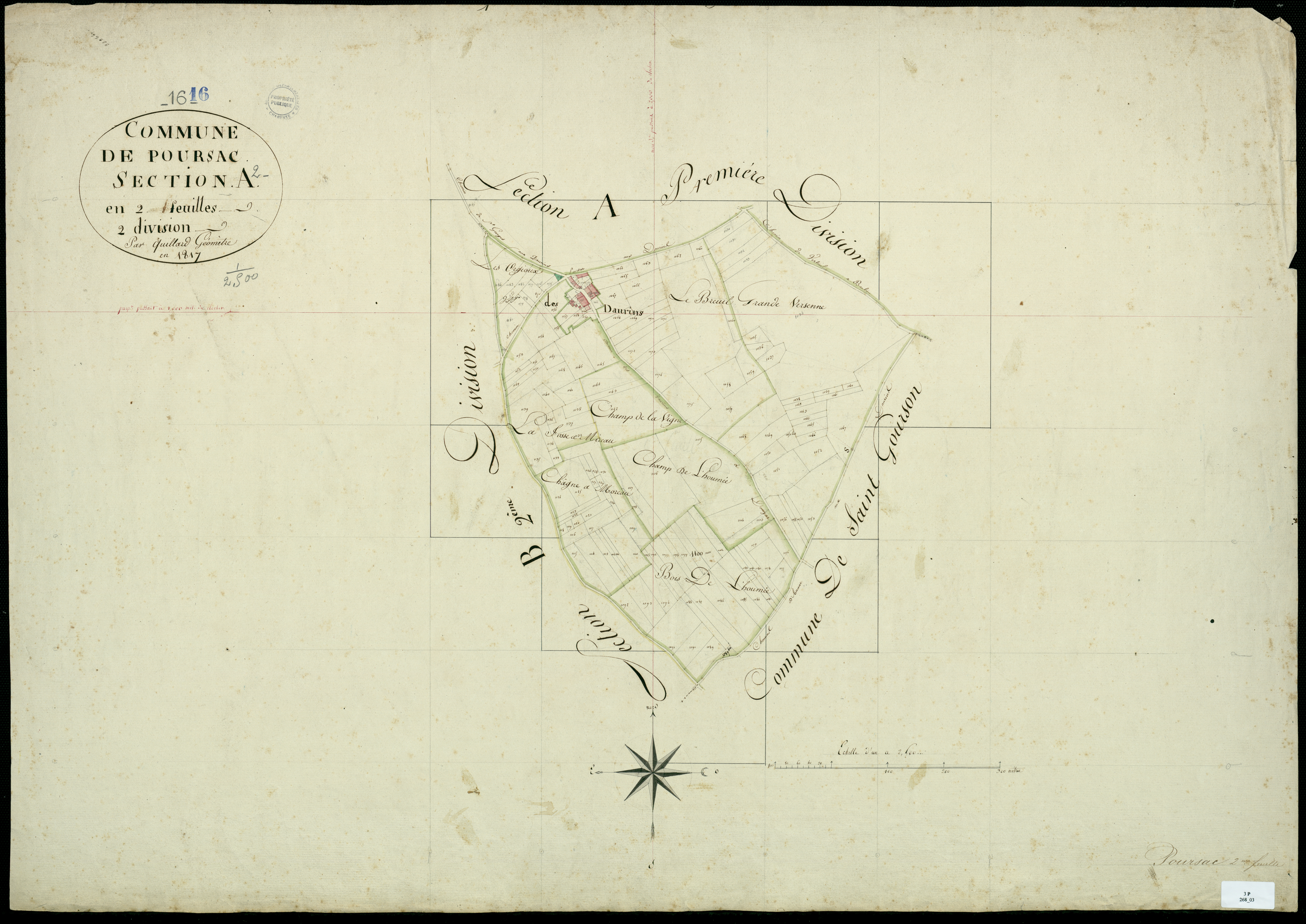 Poursac - 3 P 268/3 - Section A, 2ème division. Feuille 2.  | 1817