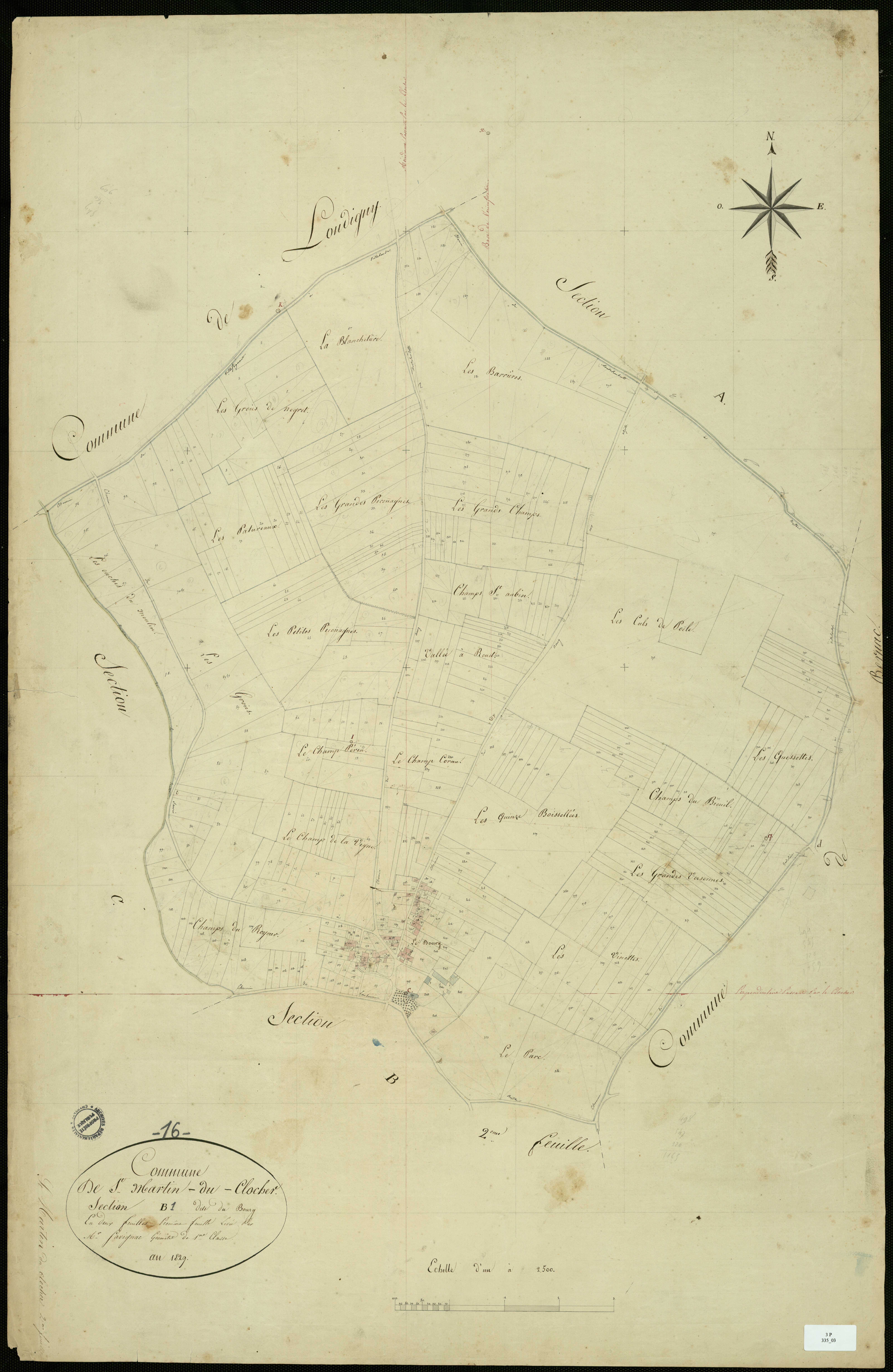 Saint-Martin-du-Clocher - 3 P 335/3 - Section B dite du Bourg. Feuille 1.  | 1829