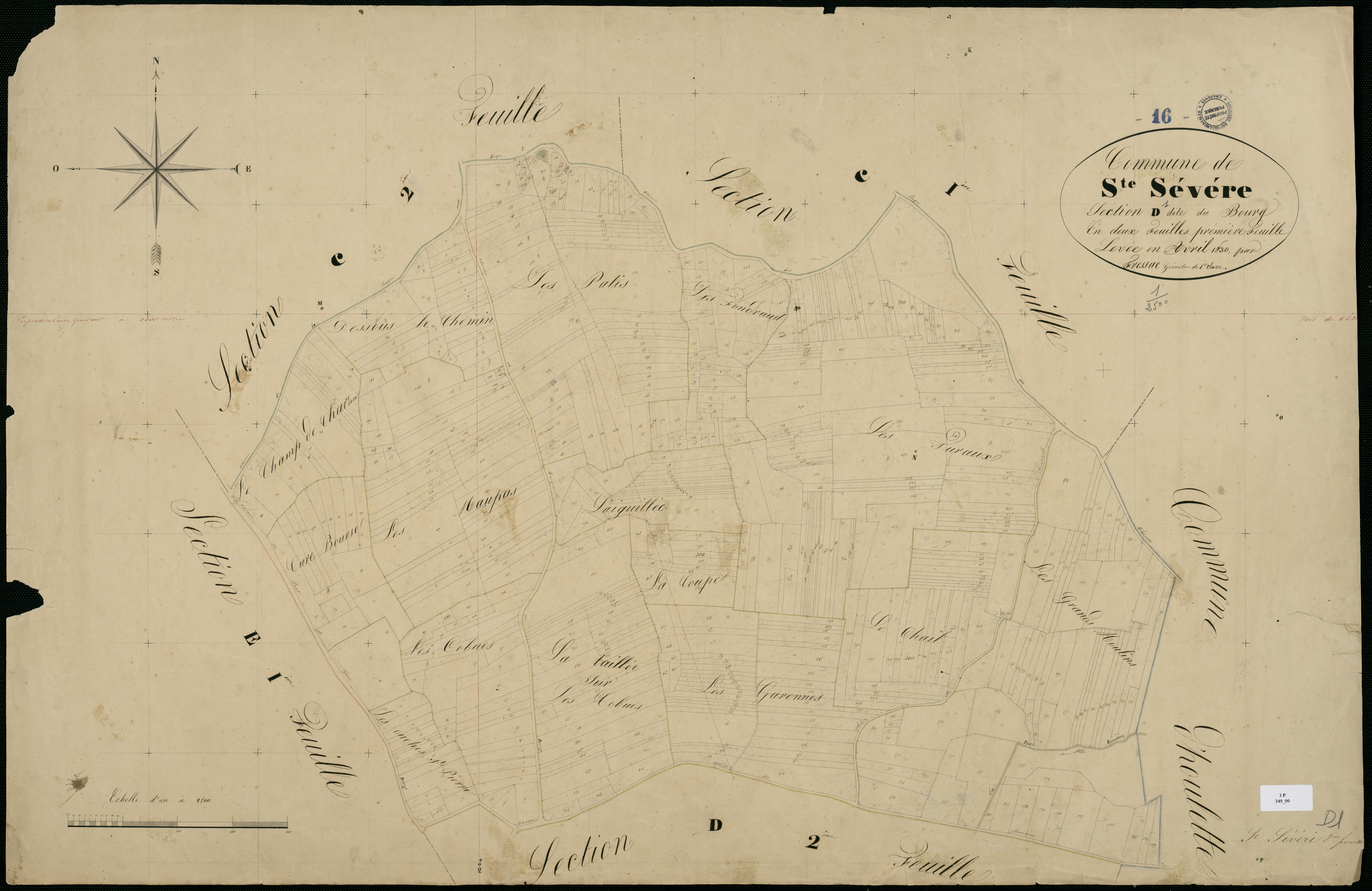 Sainte-Sévère - 3 P 349/9 - Section D dite du Bourg. Feuille 1.  | 1830