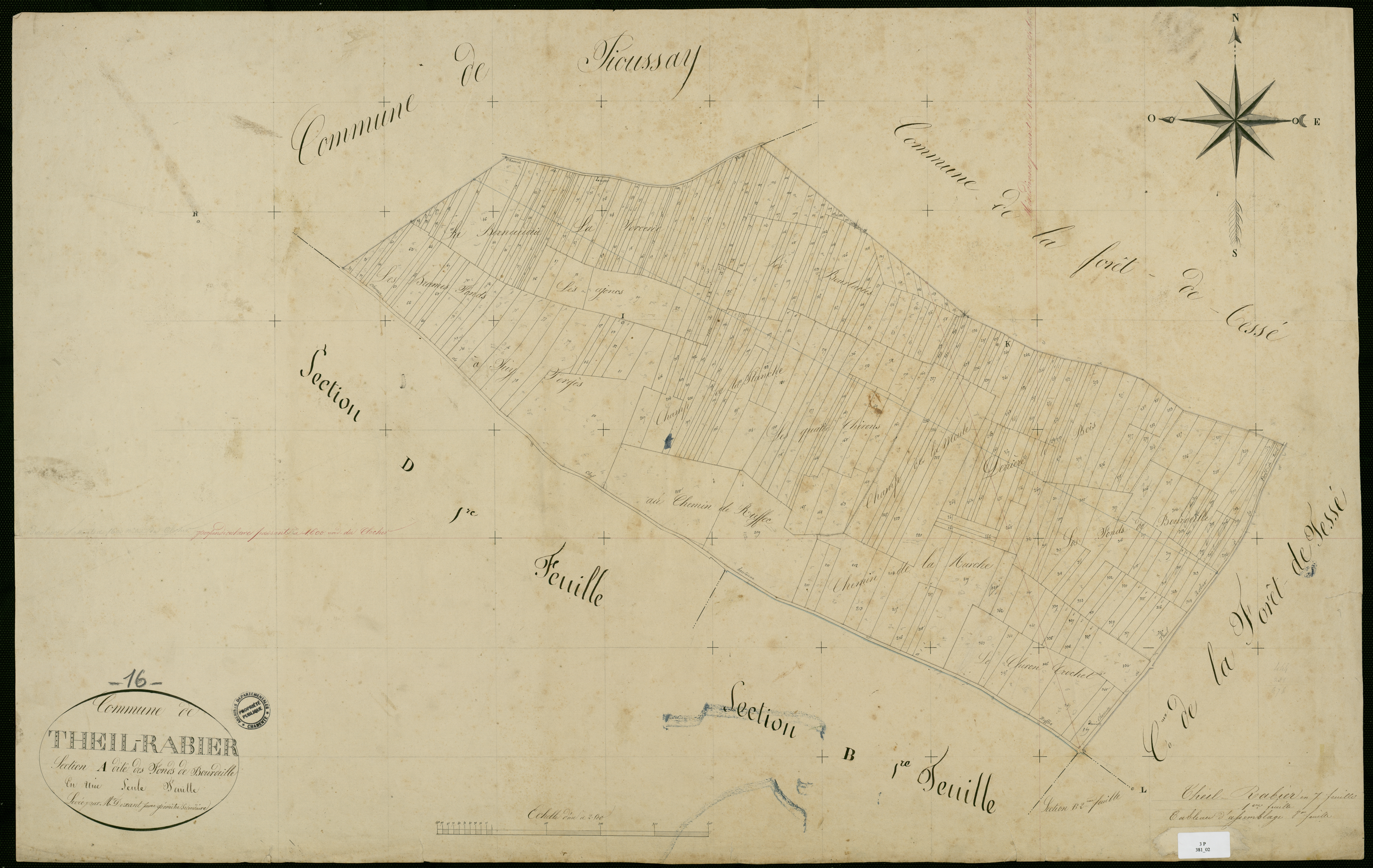 Theil-Rabier - 3 P 381/2 - Section A dite des Fonds de Bourdeille. Feuille 1.  | 1829