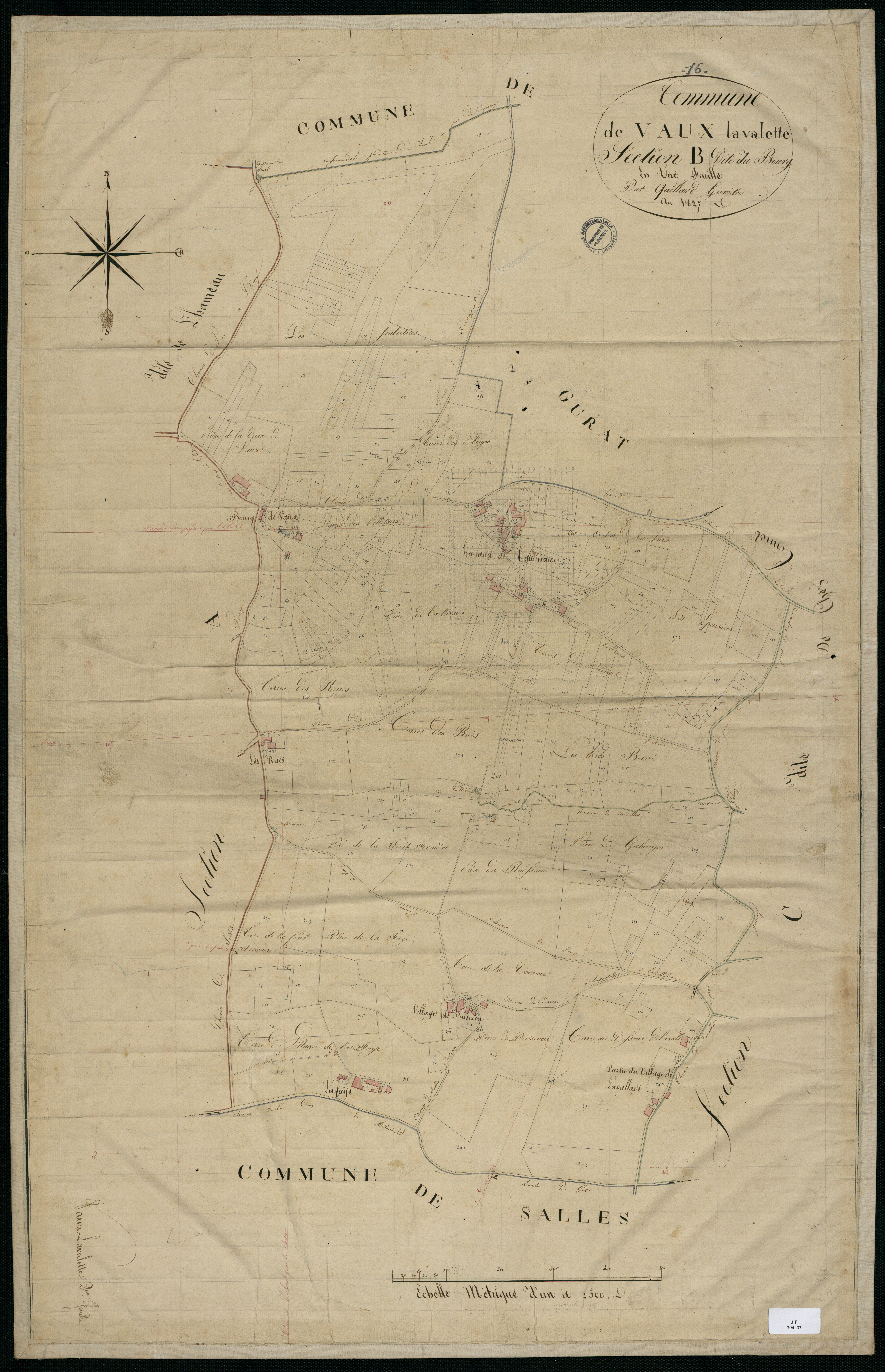 Vaux-Lavalette - 3 P 394/3 - Section B dite du Bourg. Feuille 1.  | 1827