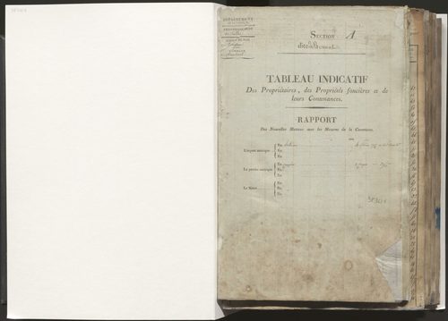 Tableau indicatif des propriétaires, des propriétés foncières et de leurs contenances. Relevé des numéros de même nature des propriétés non bâties. Section A à E.