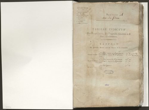 Tableau indicatif des propriétaires, des propriétés foncières et de leurs contenances. Classement parcellaire et évaluation des revenus imposables des propriétés bâties.