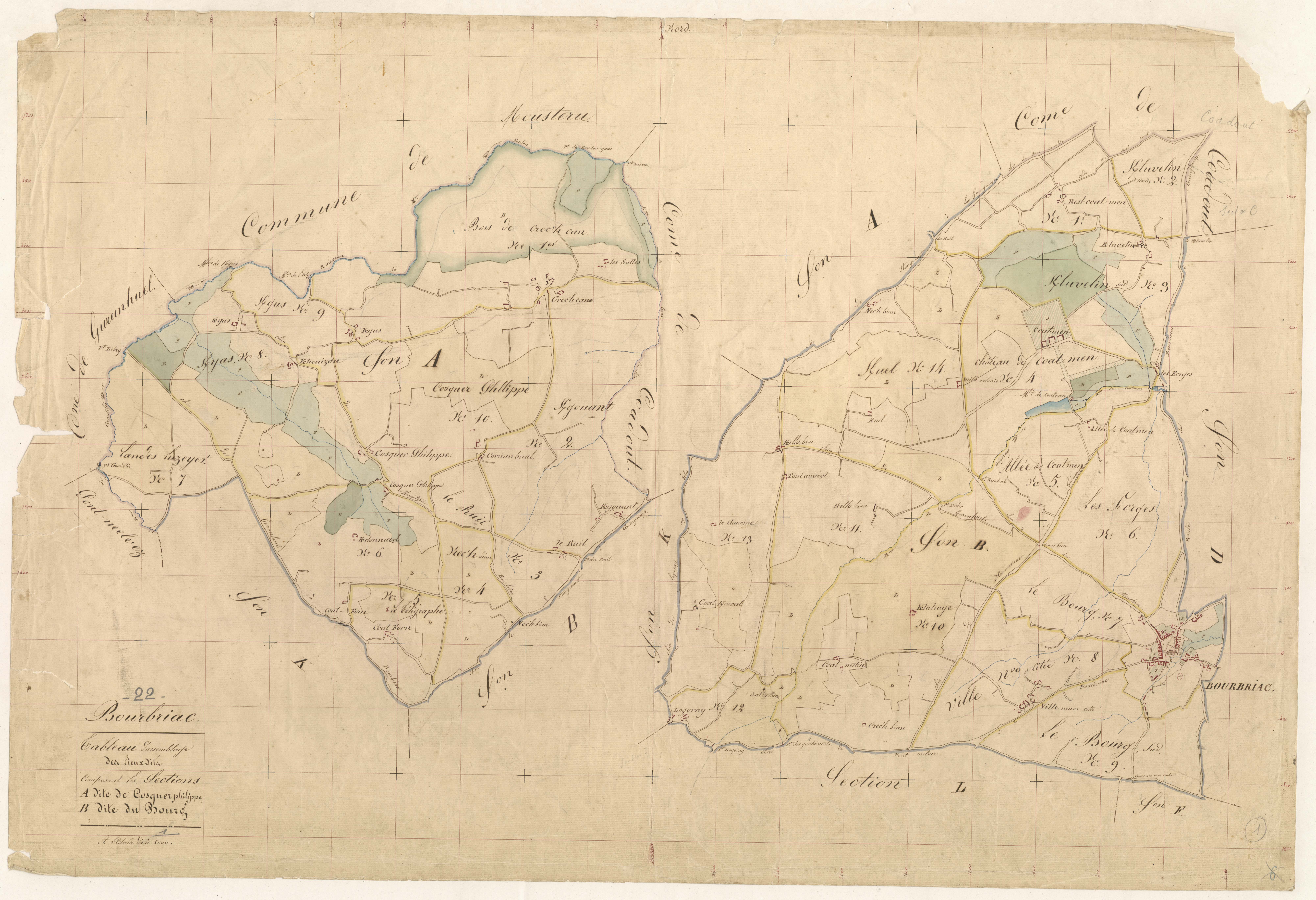 Bourbriac - Tableau d'assemblage : sections A et B