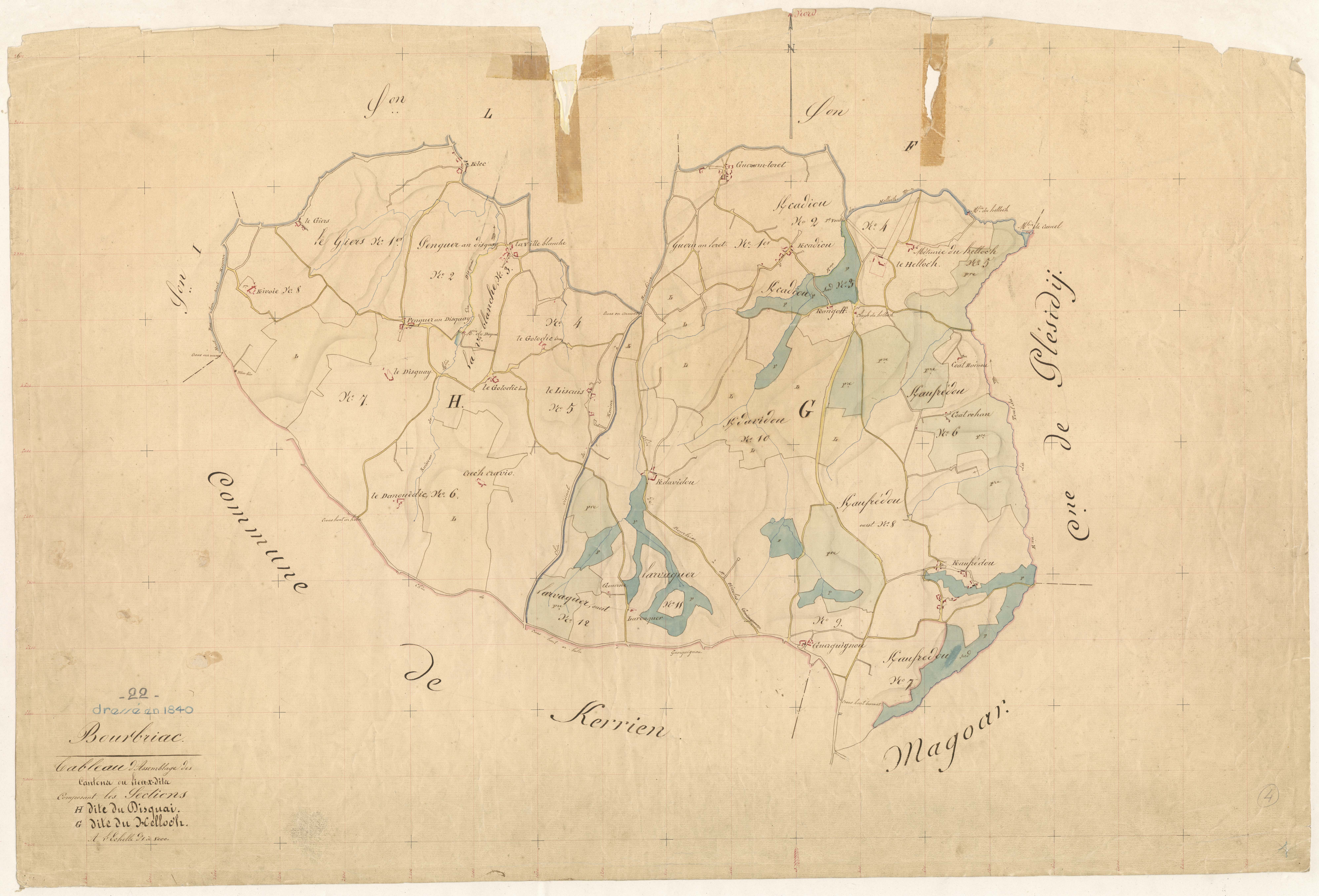 Bourbriac - Tableau d'assemblage : sections G, H