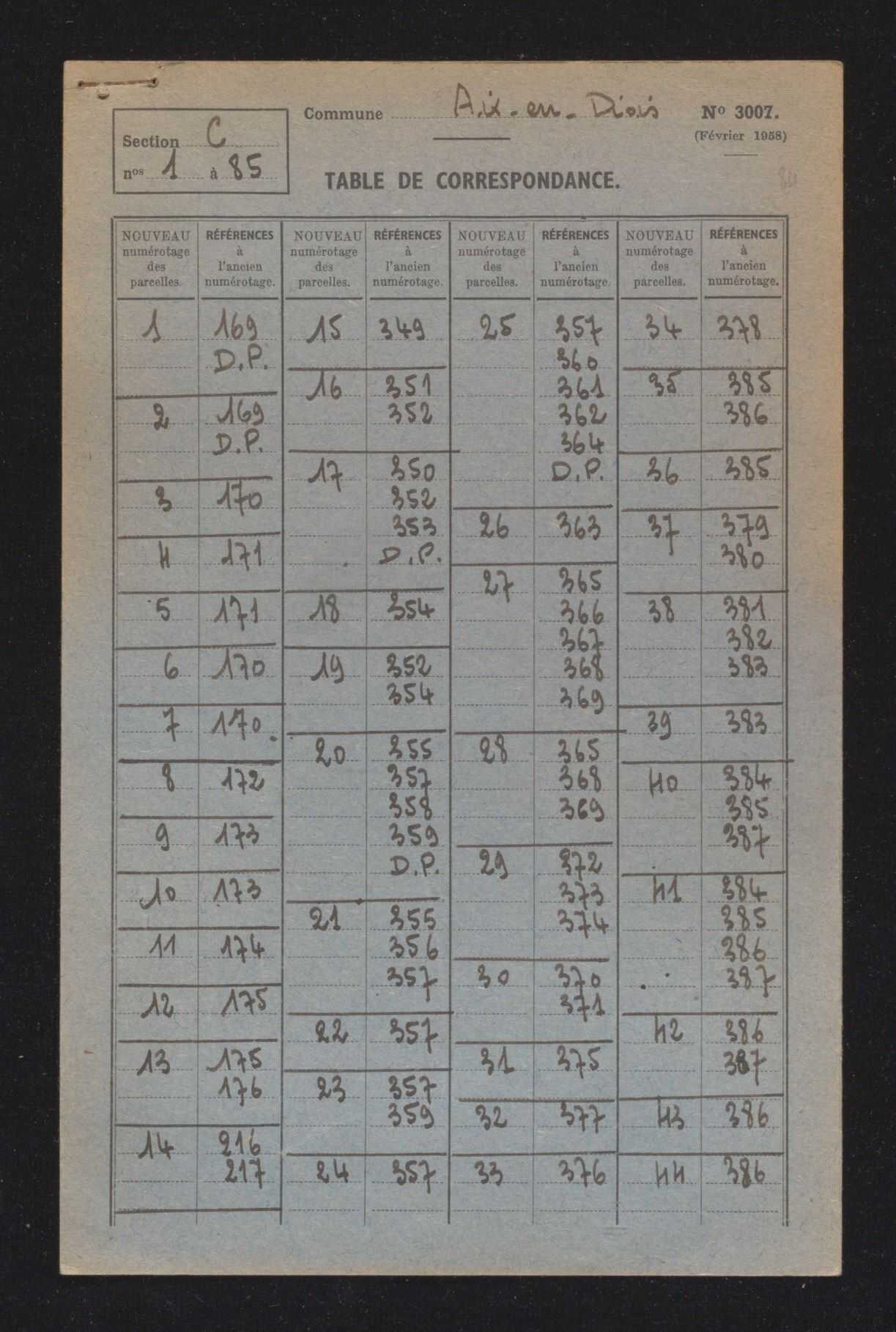 Sections A à C et AB à AE.