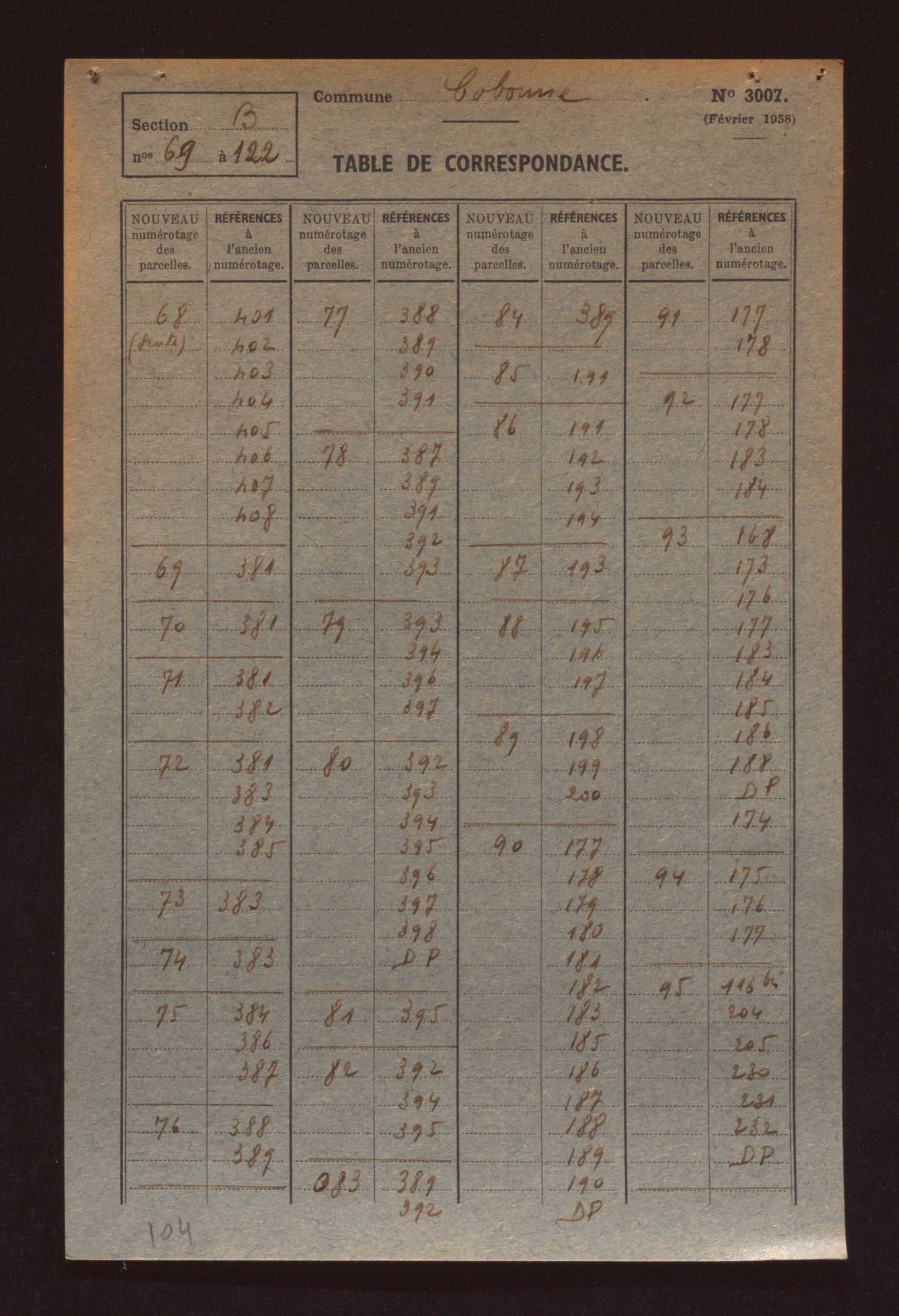 Fichier cadastral, sections A à G.