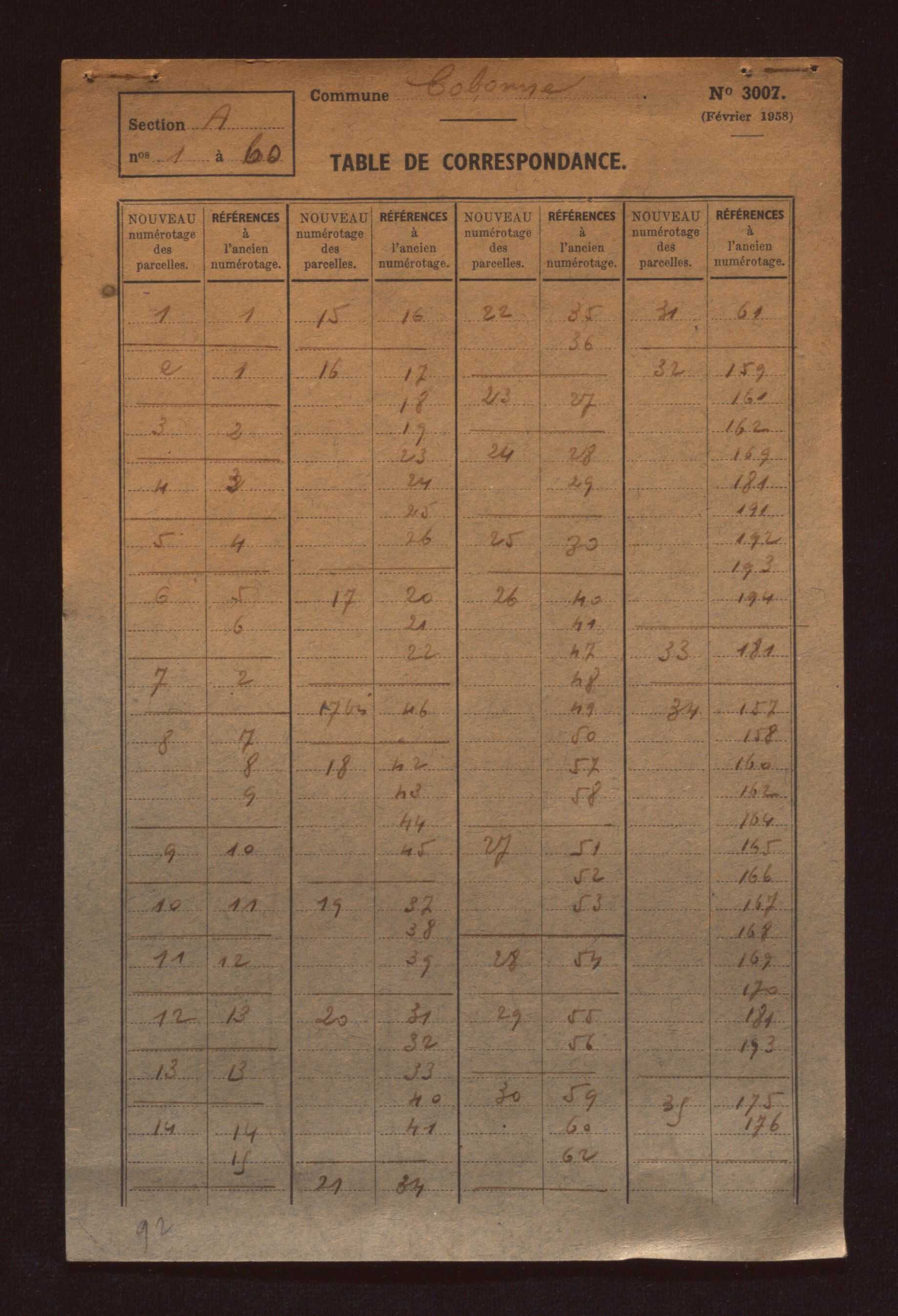 Fichier cadastral, sections A à G.