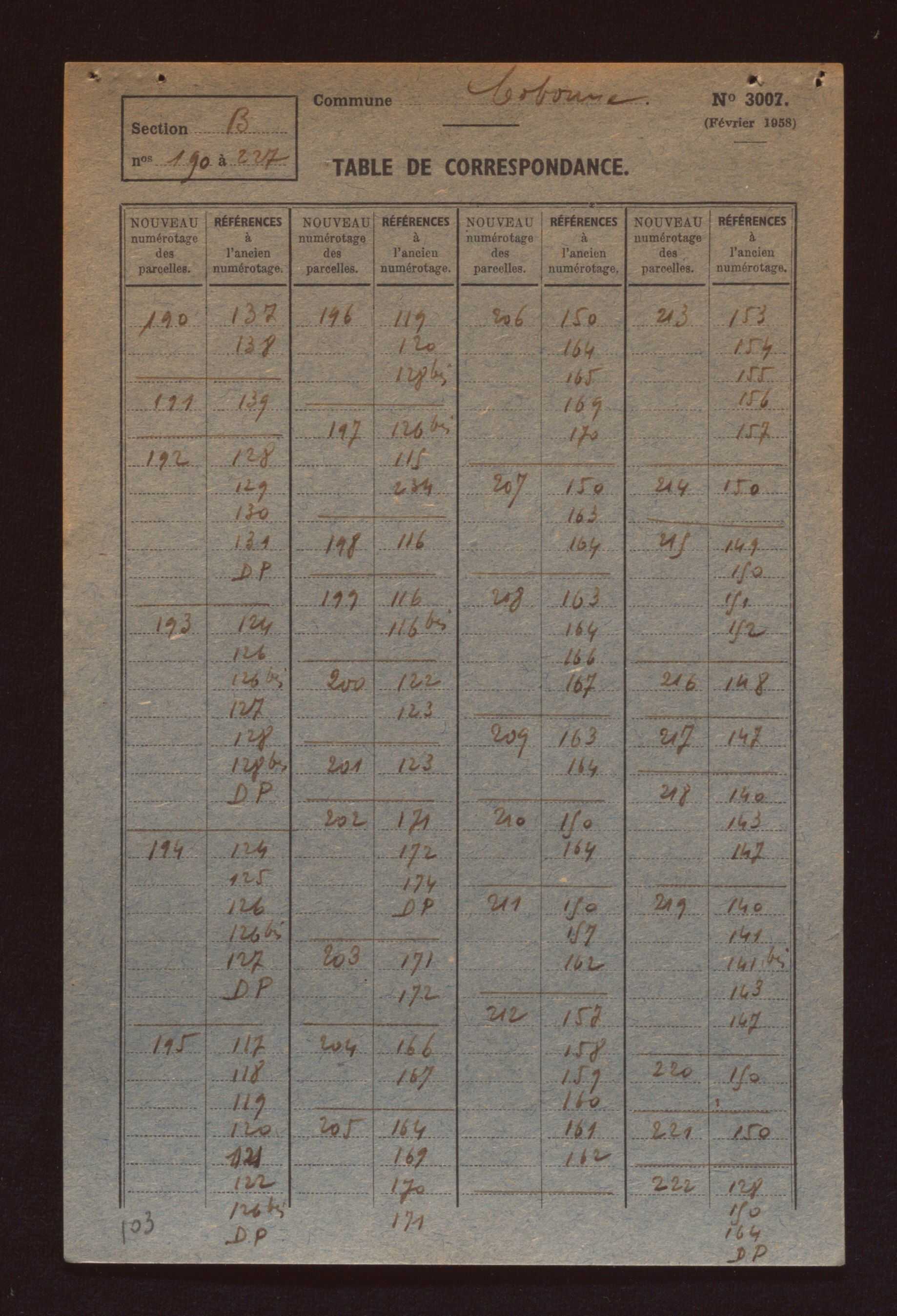 Fichier cadastral, sections A à G.