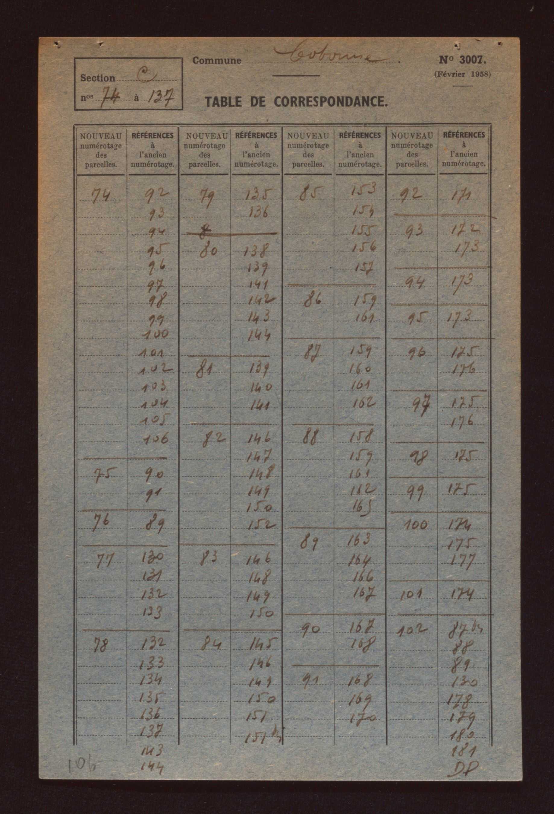 Fichier cadastral, sections A à G.