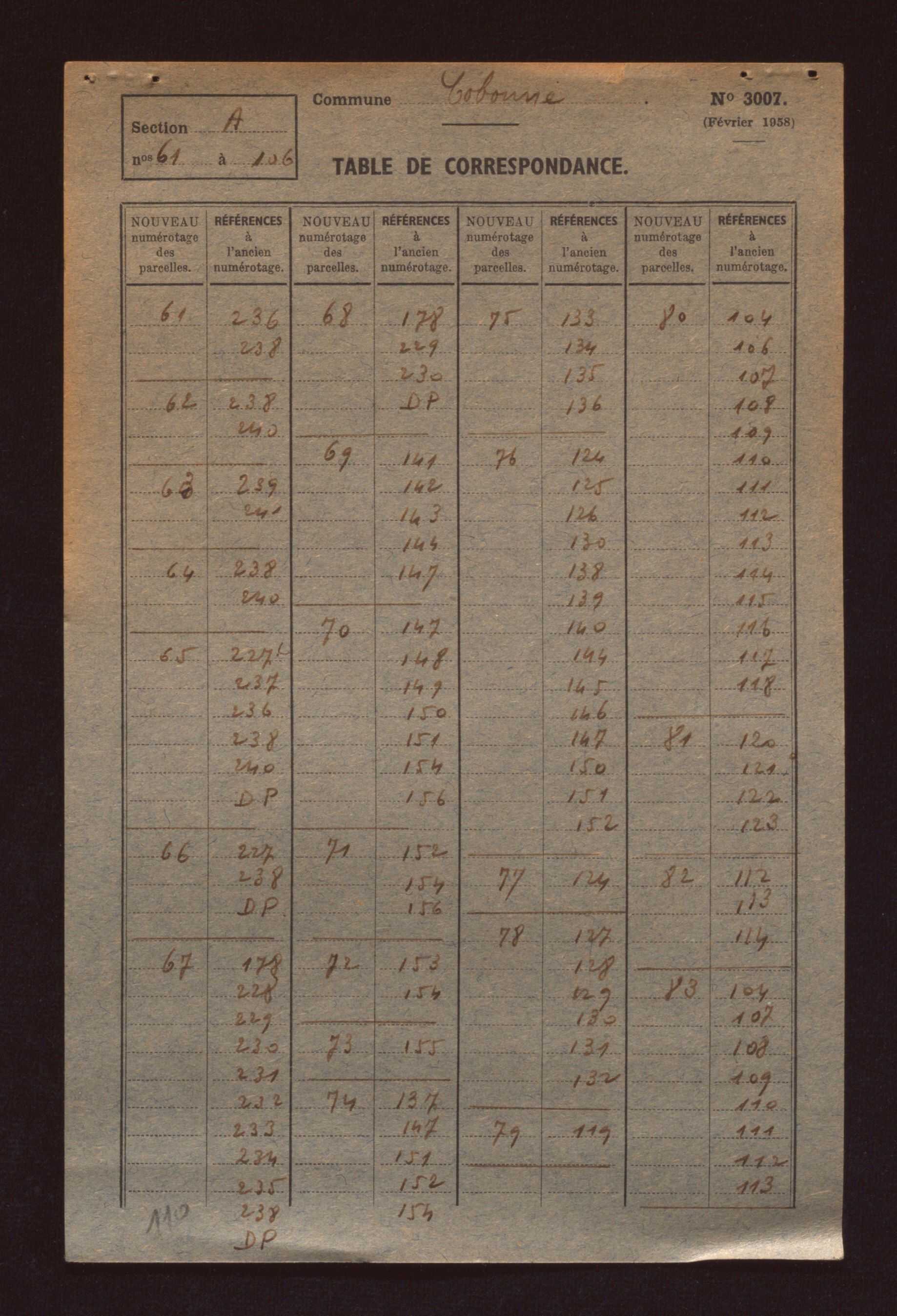 Fichier cadastral, sections A à G.