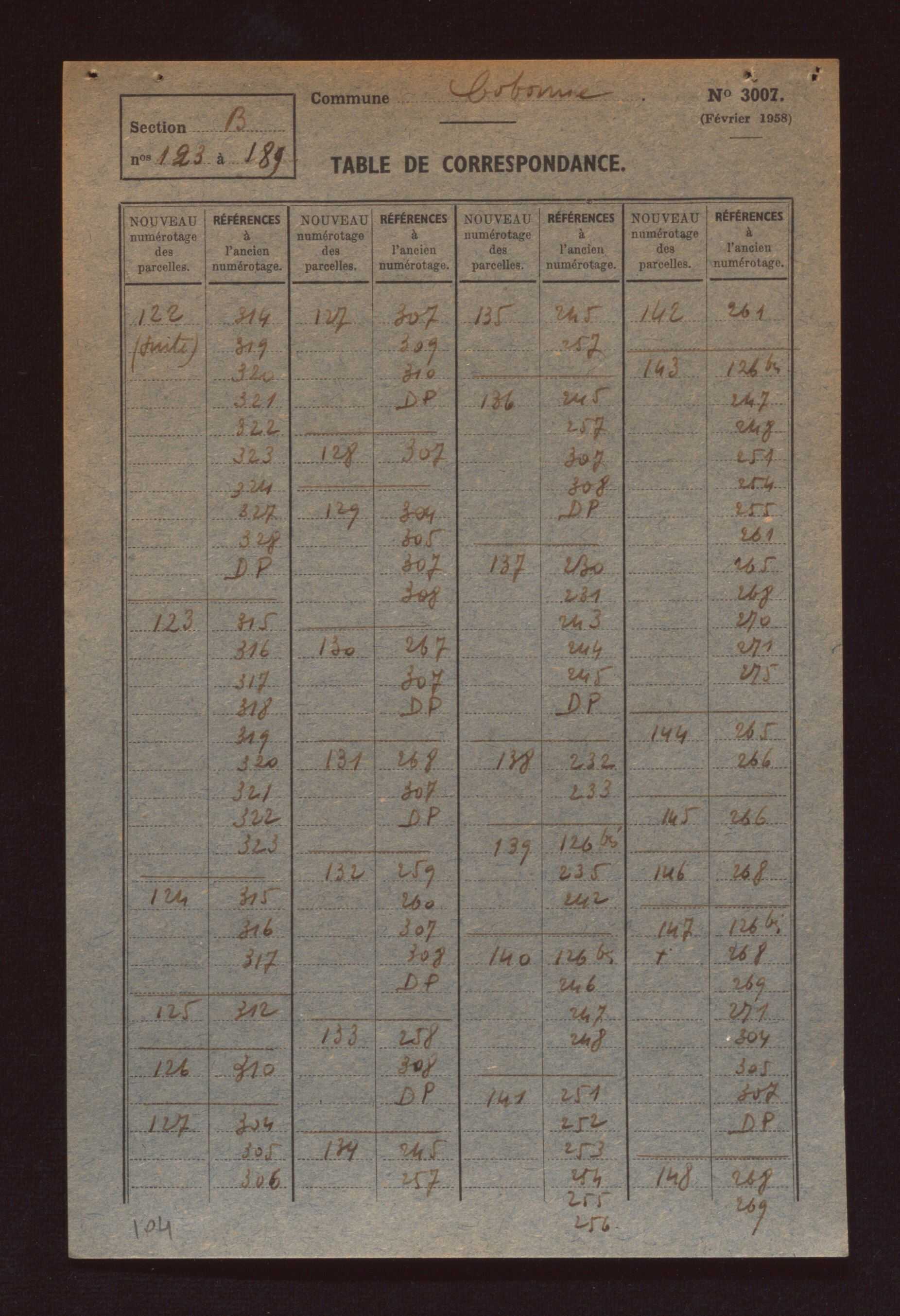 Fichier cadastral, sections A à G.