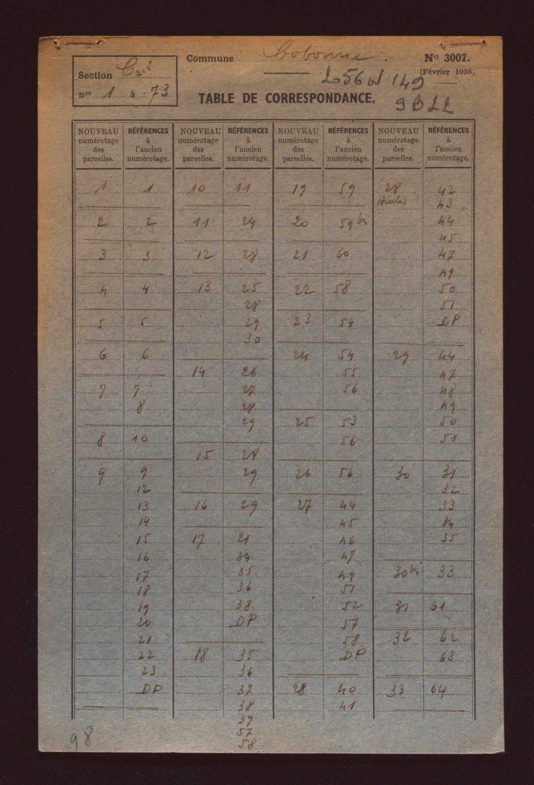 Fichier cadastral, sections A à G.