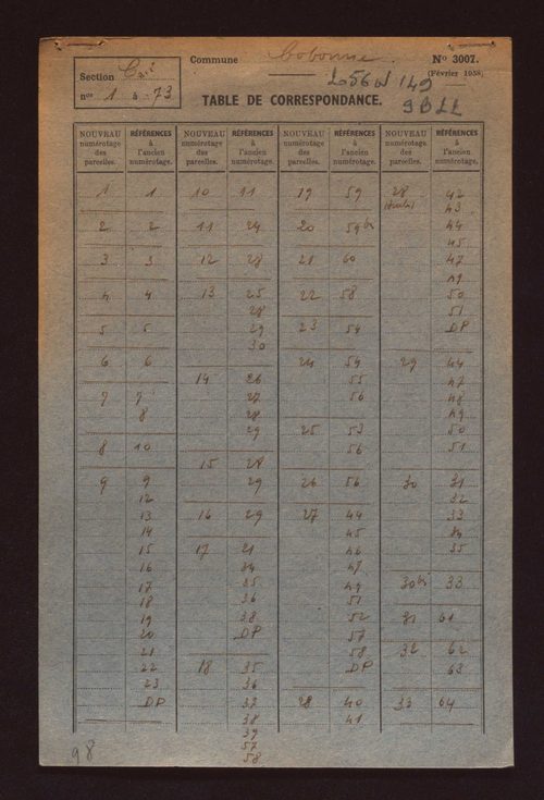 Fichier cadastral, sections A à G.