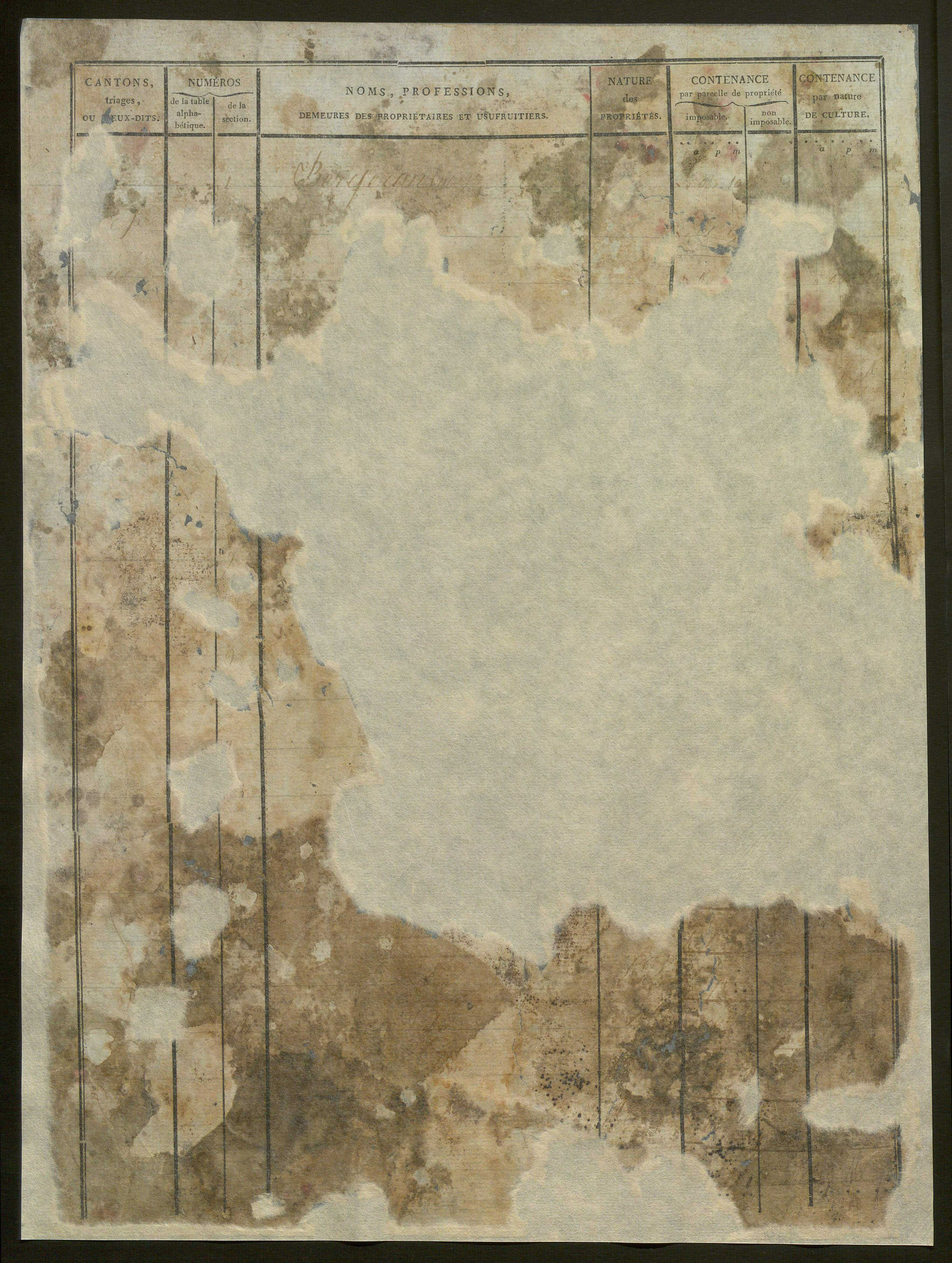 États de classement des propriétés non bâties, puis des propriétés bâties : section A dite ''des Prés'', section B dite ''de Vellan'', section C dite ''de la Blache'', section D dite ''de Baix aux Montagnes'' (1er décembre 1813).
