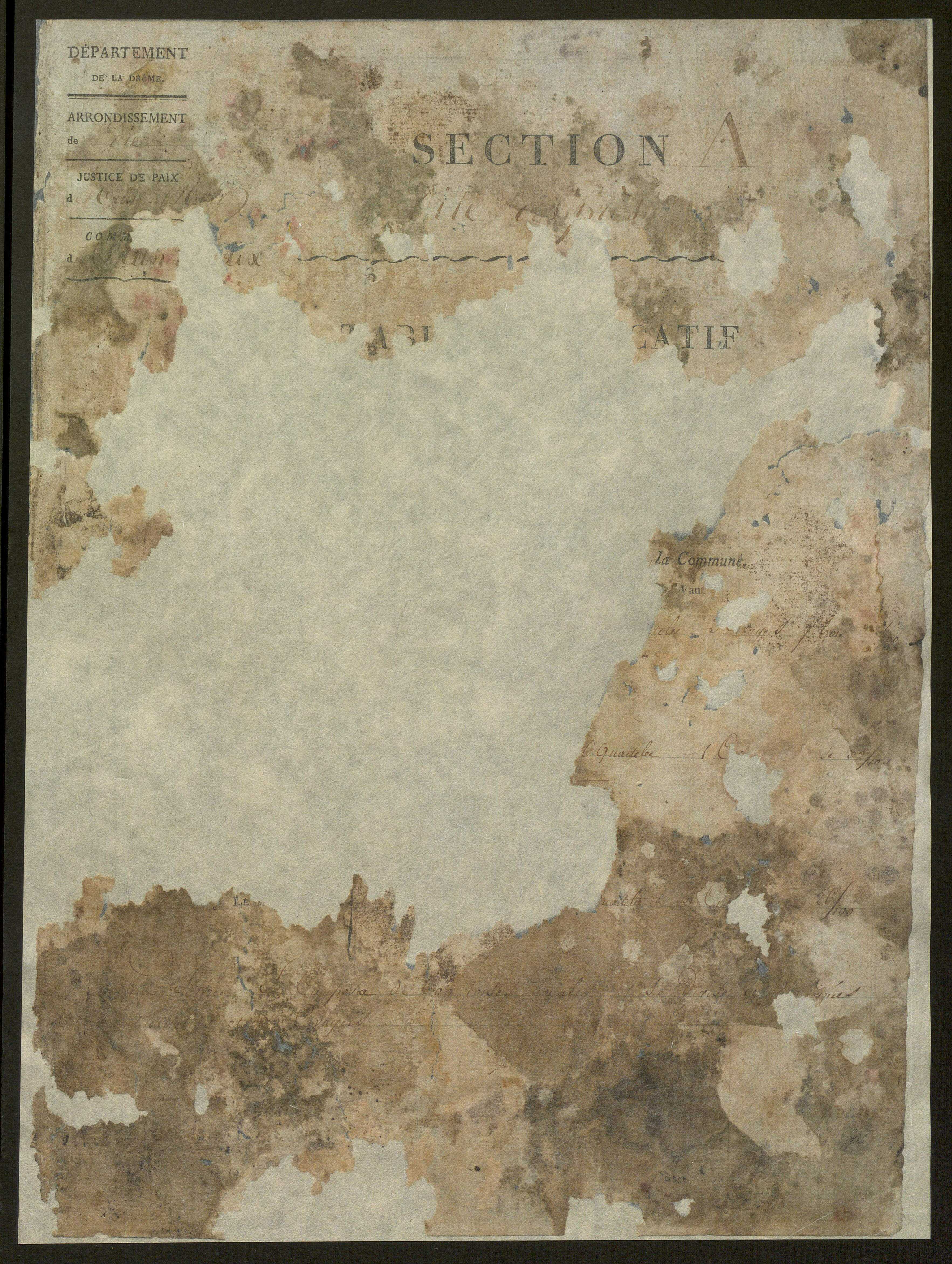 États de classement des propriétés non bâties, puis des propriétés bâties : section A dite ''des Prés'', section B dite ''de Vellan'', section C dite ''de la Blache'', section D dite ''de Baix aux Montagnes'' (1er décembre 1813).