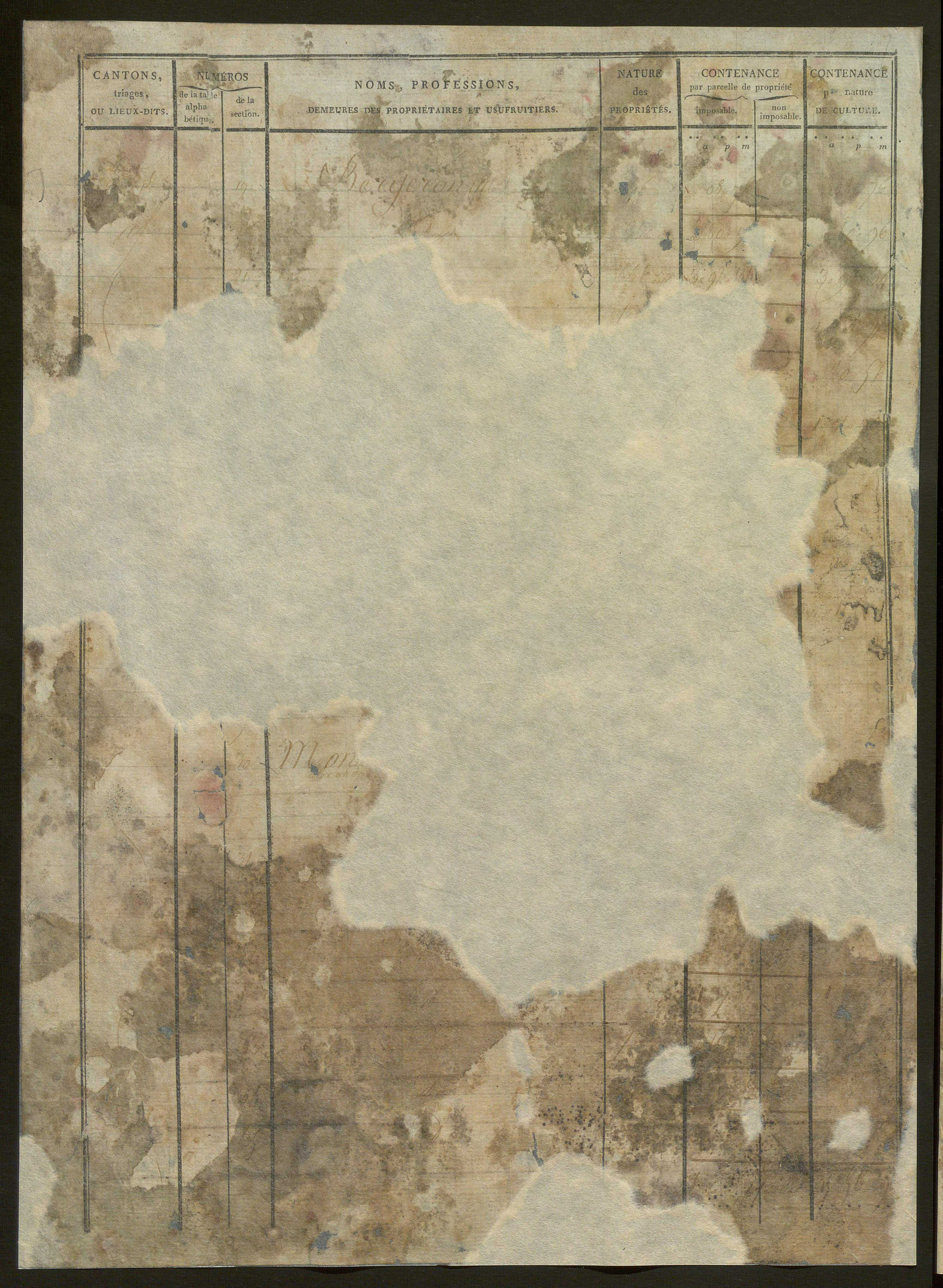 États de classement des propriétés non bâties, puis des propriétés bâties : section A dite ''des Prés'', section B dite ''de Vellan'', section C dite ''de la Blache'', section D dite ''de Baix aux Montagnes'' (1er décembre 1813).