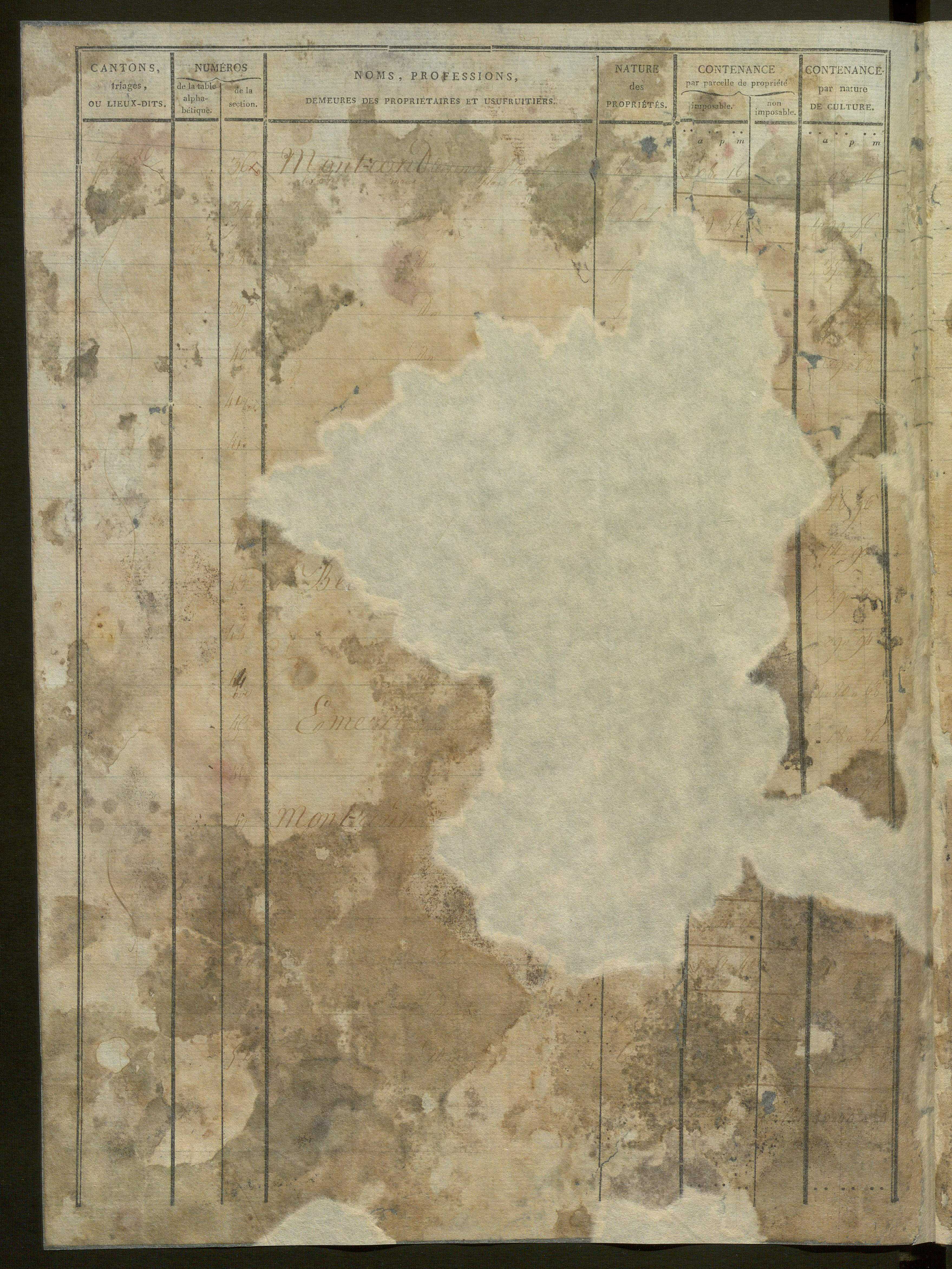 États de classement des propriétés non bâties, puis des propriétés bâties : section A dite ''des Prés'', section B dite ''de Vellan'', section C dite ''de la Blache'', section D dite ''de Baix aux Montagnes'' (1er décembre 1813).