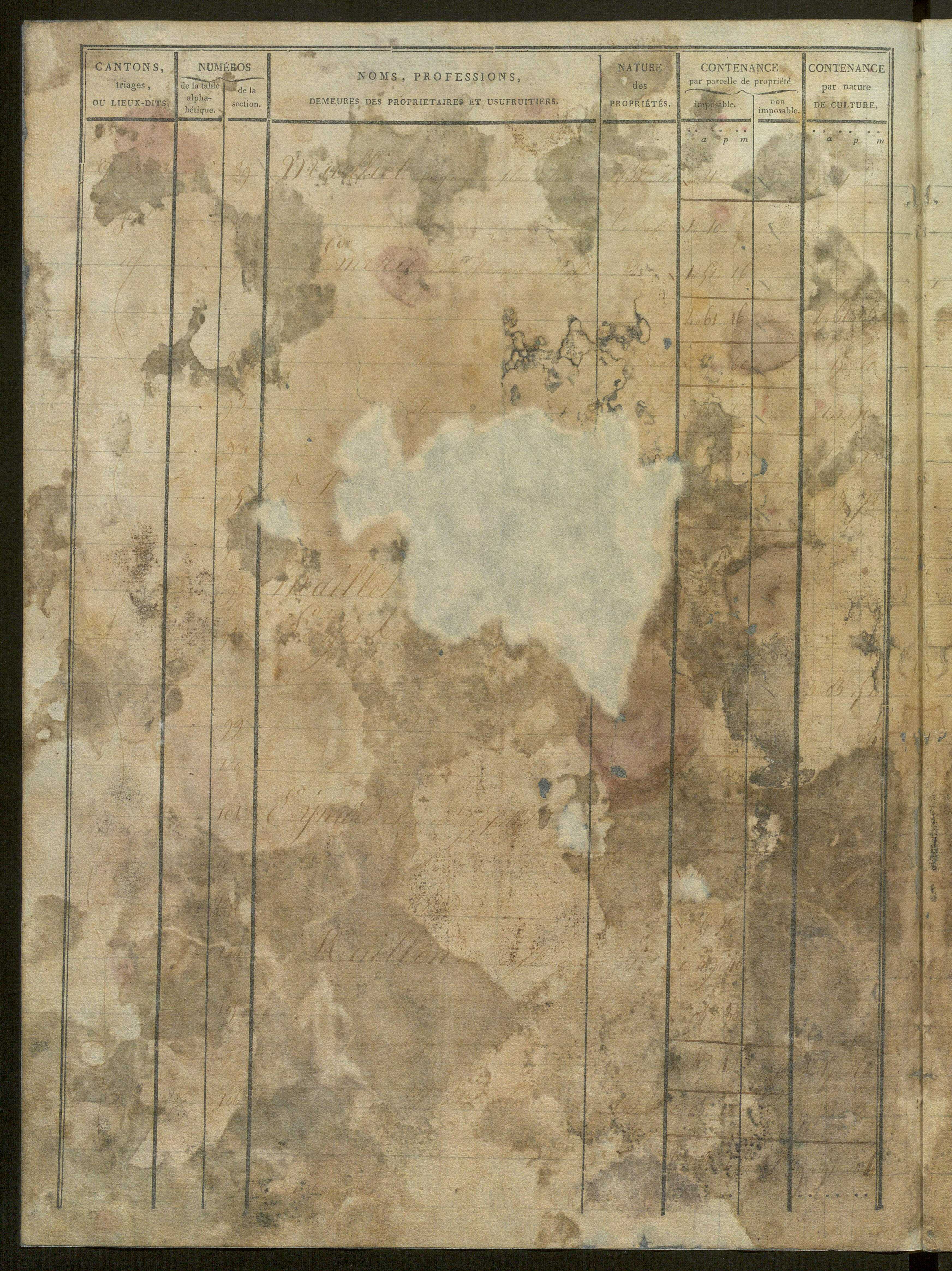 États de classement des propriétés non bâties, puis des propriétés bâties : section A dite ''des Prés'', section B dite ''de Vellan'', section C dite ''de la Blache'', section D dite ''de Baix aux Montagnes'' (1er décembre 1813).