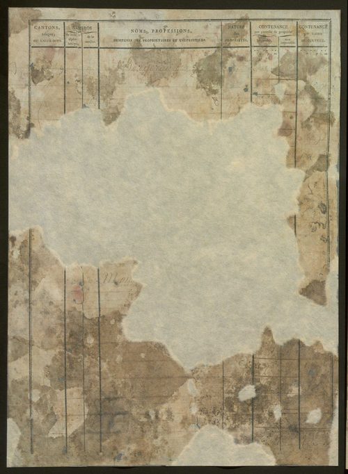États de classement des propriétés non bâties, puis des propriétés bâties : section A dite ''des Prés'', section B dite ''de Vellan'', section C dite ''de la Blache'', section D dite ''de Baix aux Montagnes'' (1er décembre 1813).