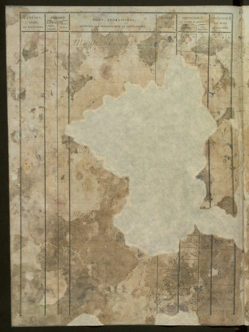 États de classement des propriétés non bâties, puis des propriétés bâties : section A dite ''des Prés'', section B dite ''de Vellan'', section C dite ''de la Blache'', section D dite ''de Baix aux Montagnes'' (1er décembre 1813).