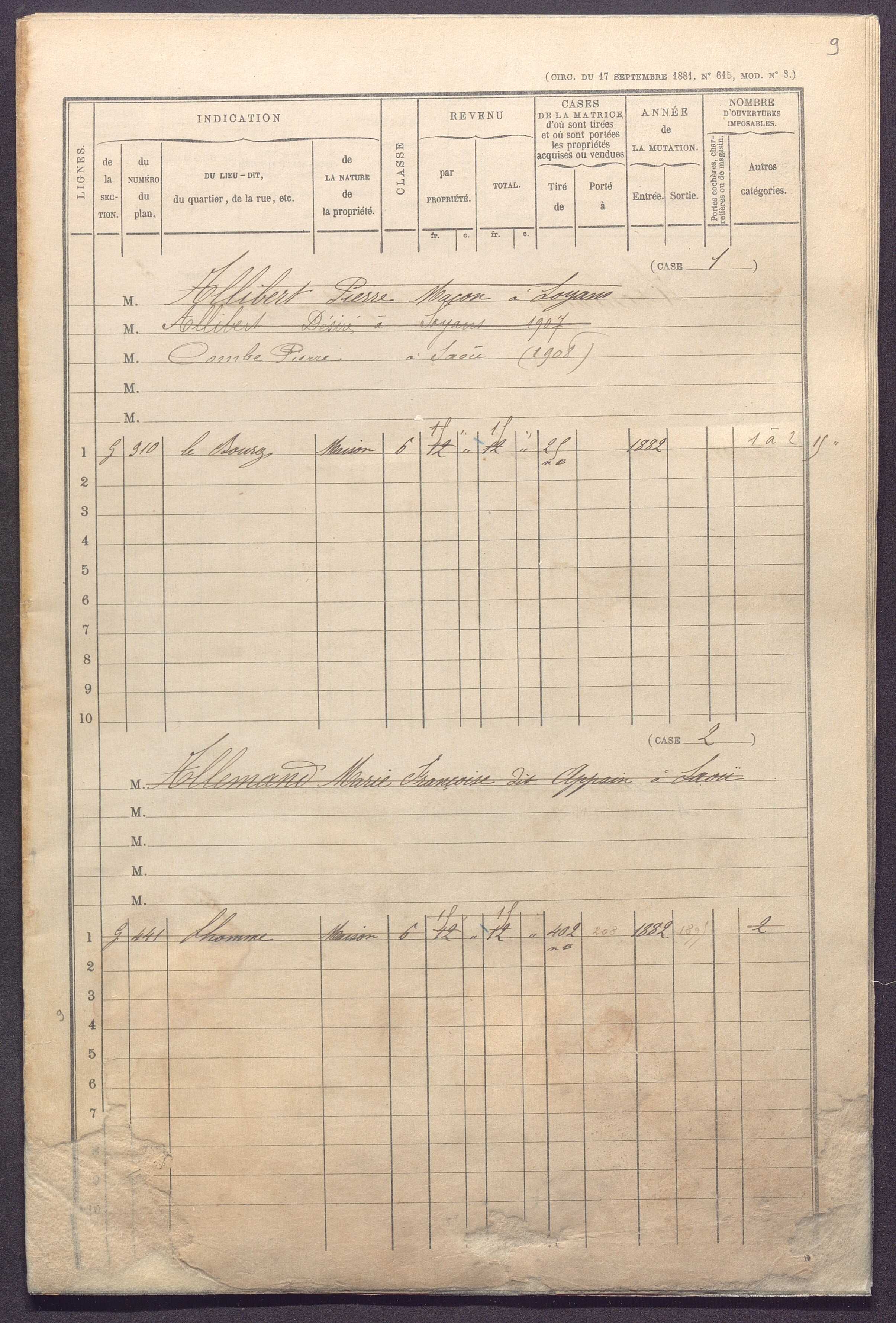 Volume 1 : cases 1-344 (31 décembre 1881).