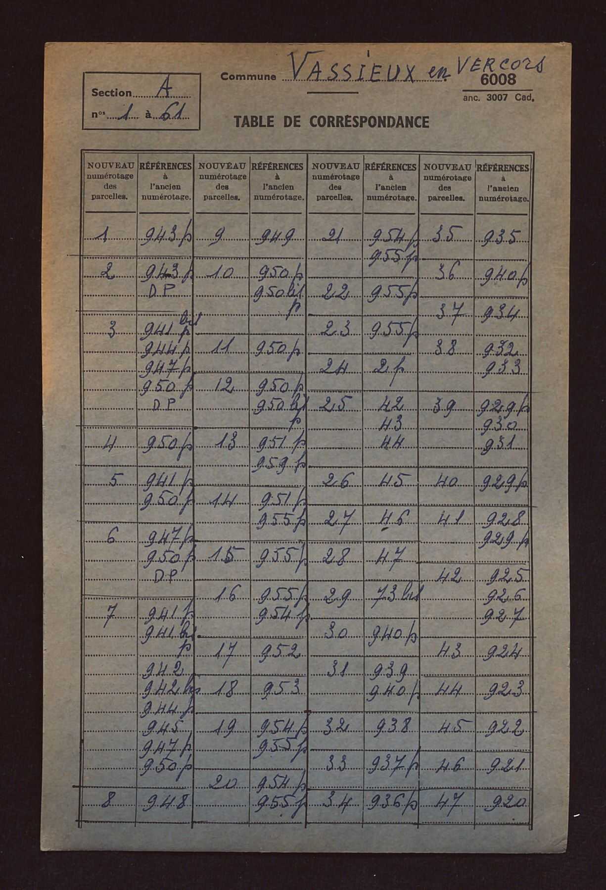 Fichier cadastral, sections A, D à F, H, AB et ZA à ZO.