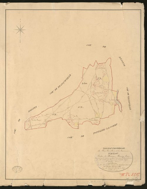 Aclou. Tableau d'assemblage du Plan Parcellaire de la Commune de Aclou. _ Canton de Brionne - Bernay - Eure. _ Terminé sur le terrain en avril 1827, sous l'administration de M. Le Vicomte Raymond Delaitre, Préfet - M. Auvray, Maire et sous 