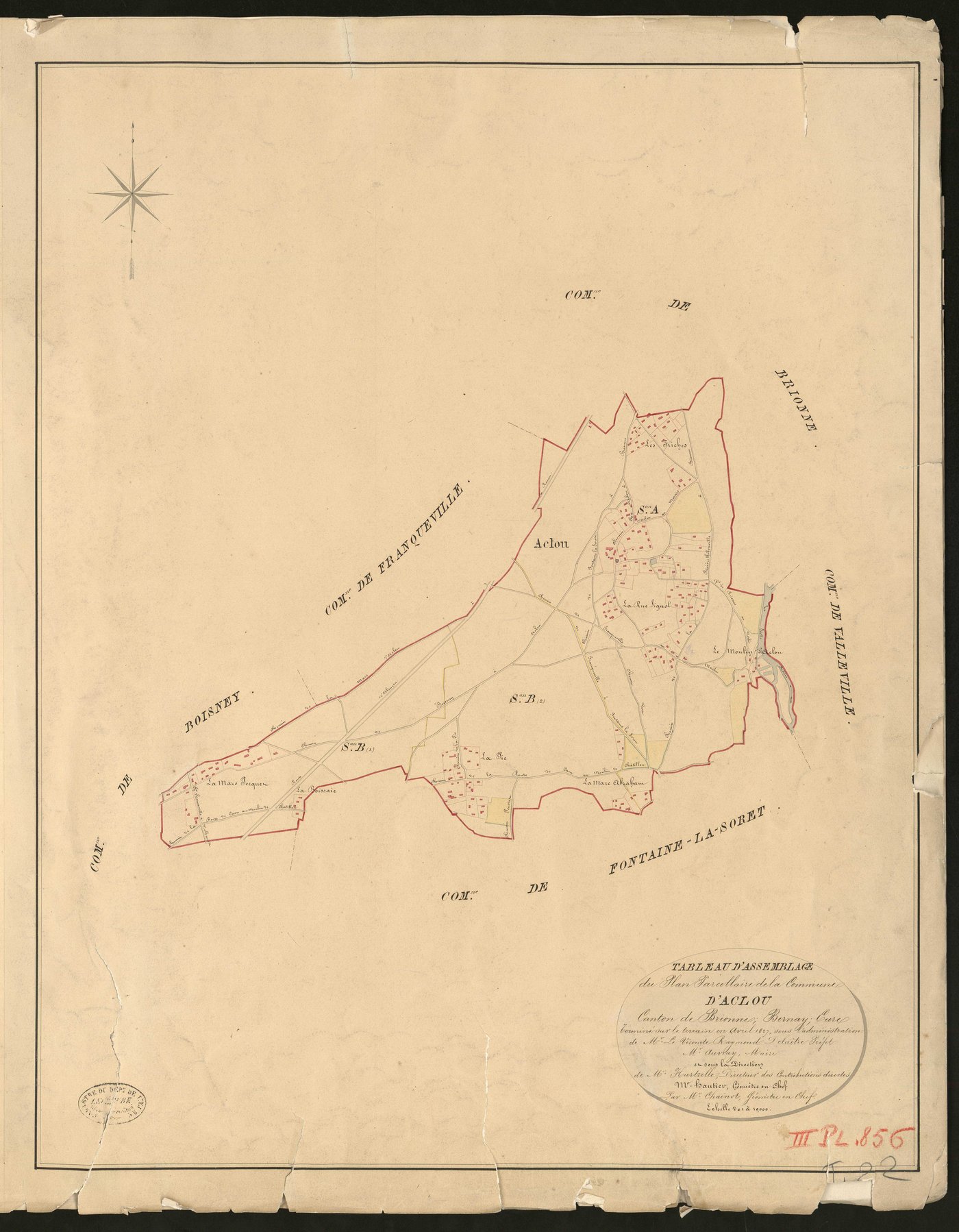 Aclou. Tableau d'assemblage du Plan Parcellaire de la Commune de Aclou. _ Canton de Brionne - Bernay - Eure. _ Terminé sur le terrain en avril 1827, sous l'administration de M. Le Vicomte Raymond Delaitre, Préfet - M. Auvray, Maire et sous 
