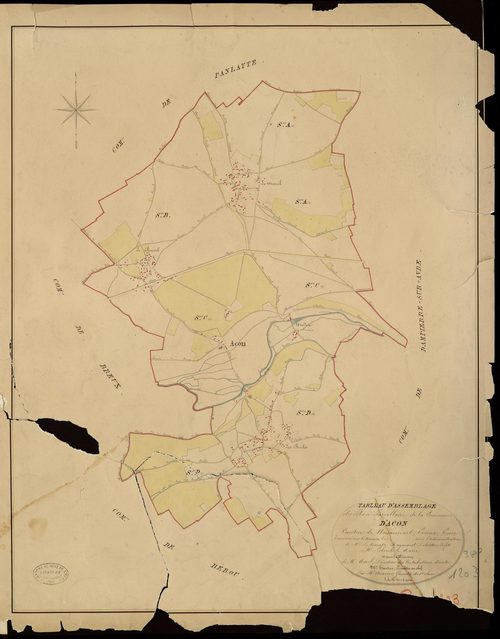 Acon. Tableau d'assemblage _ du Plan Parcellaire de la Commune d'Acon _ Canton de Nonancourt - Evreux - Eure. _ Terminé sur le Terrain le , sous l'administration de M. Le Vicomte Raymond Delaitre, Préfet _ M. Lebrech, Maire _ et sous la Dir