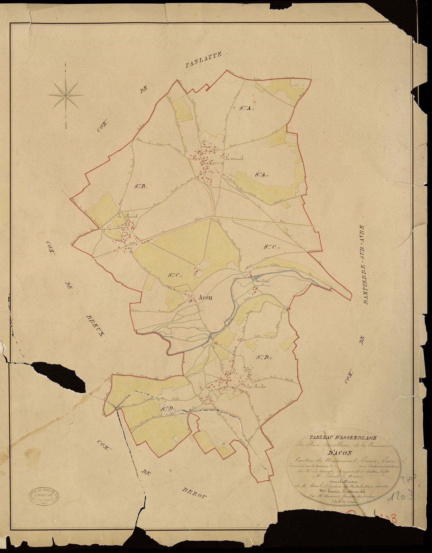 Acon. Tableau d'assemblage _ du Plan Parcellaire de la Commune d'Acon _ Canton de Nonancourt - Evreux - Eure. _ Terminé sur le Terrain le , sous l'administration de M. Le Vicomte Raymond Delaitre, Préfet _ M. Lebrech, Maire _ et sous la Dir