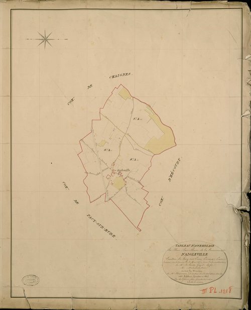 Aigleville. Tableau d'assemblage _ du Plan Parcellaire de la Commune d'Aigleville _ Canton de Pacy sur Eure - Evreux - Eure. _ Terminé sur le Terrain le 8 Mai 1851, sous l'administration de M. Le Comte Guyot, Préfet _ M. Malassis, Maire _ e