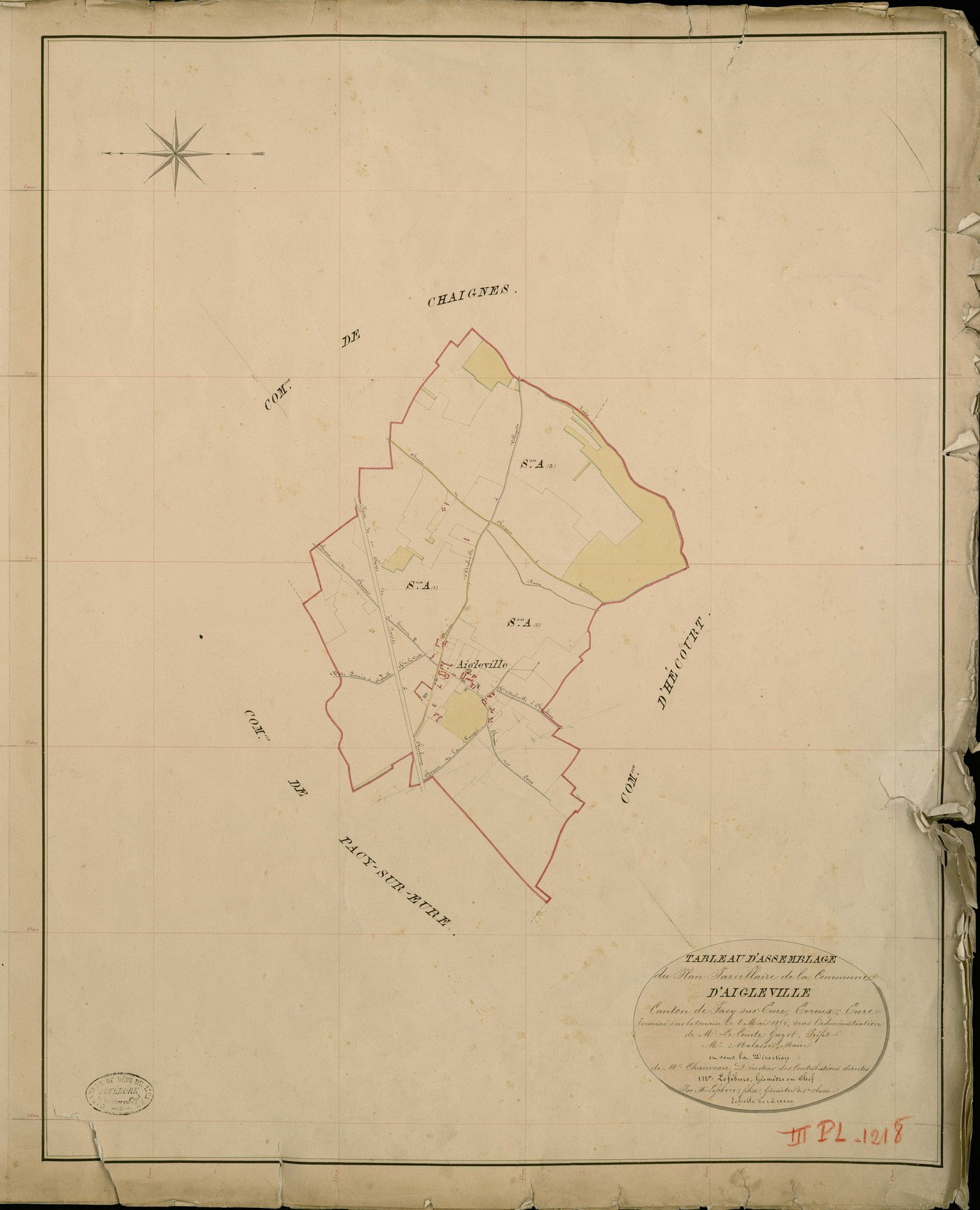 Aigleville. Tableau d'assemblage _ du Plan Parcellaire de la Commune d'Aigleville _ Canton de Pacy sur Eure - Evreux - Eure. _ Terminé sur le Terrain le 8 Mai 1851, sous l'administration de M. Le Comte Guyot, Préfet _ M. Malassis, Maire _ e