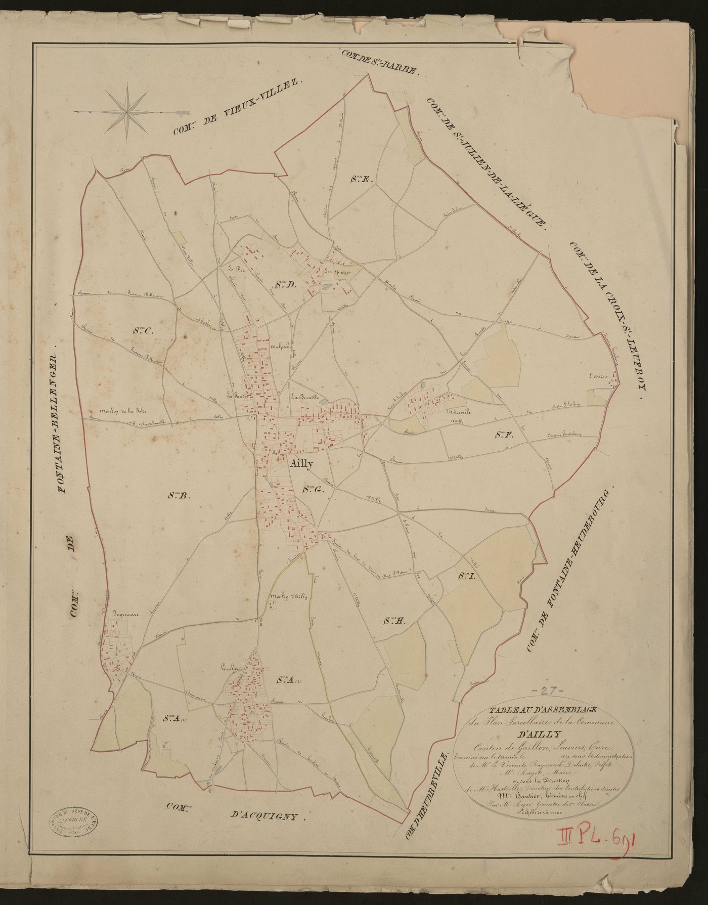 Ailly. Tableau d'assemblage du Plan Parcellaire de la Commune d'Ailly. _ Canton de Gaillon - Louviers - Eure. _ Terminé sur le terrain en 1829, sous l'administration de M. Le Vicomte Raymond Delaitre, Préfet - M. Ragot, Maire et sous la dir