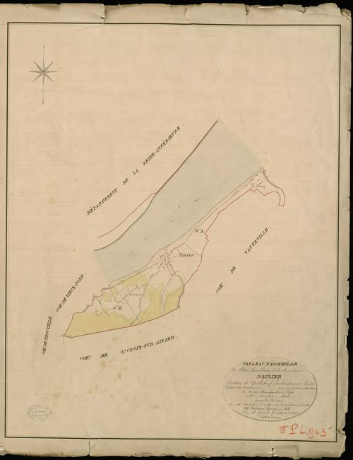 Aizier. Tableau d'assemblage _ du Plan Parcellaire de la Commune d'Aizier _ Canton de Quillebeuf - Pontaudemer - Eure. _ Terminé sur le Terrain en 1824, sous l'administration de M. de Chambaudoin, Préfet _ M. Roselet, Maire _ sous la Direct