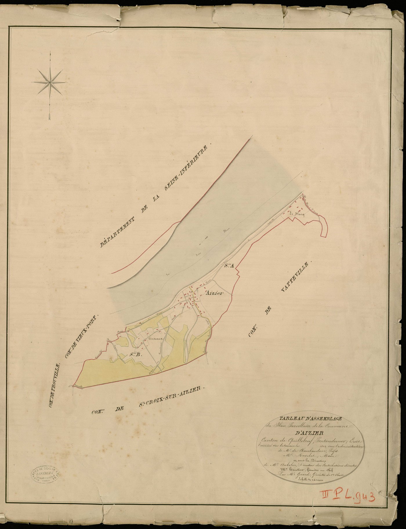 Aizier. Tableau d'assemblage _ du Plan Parcellaire de la Commune d'Aizier _ Canton de Quillebeuf - Pontaudemer - Eure. _ Terminé sur le Terrain en 1824, sous l'administration de M. de Chambaudoin, Préfet _ M. Roselet, Maire _ sous la Direct