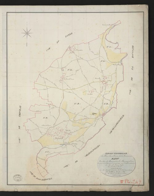 Ajou. Tableau d'assemblage _ du Plan Parcellaire de la Commune d'Ajou. _ Canton de Beaumesnil - Bernay - Eure. _ Terminé sur le terrain le 28 août 1834 sous l'administration de M. A. Passy, Préfet _ M. Dubost, maire _ en sous la Direction d