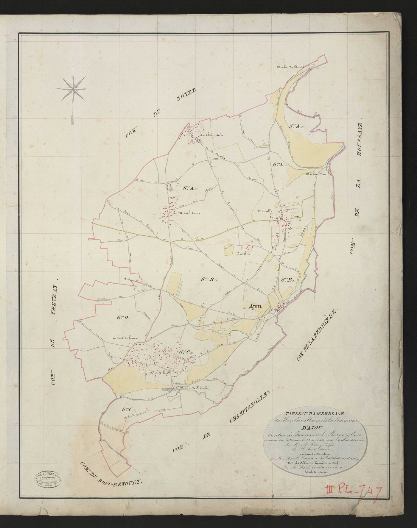 Ajou. Tableau d'assemblage _ du Plan Parcellaire de la Commune d'Ajou. _ Canton de Beaumesnil - Bernay - Eure. _ Terminé sur le terrain le 28 août 1834 sous l'administration de M. A. Passy, Préfet _ M. Dubost, maire _ en sous la Direction d