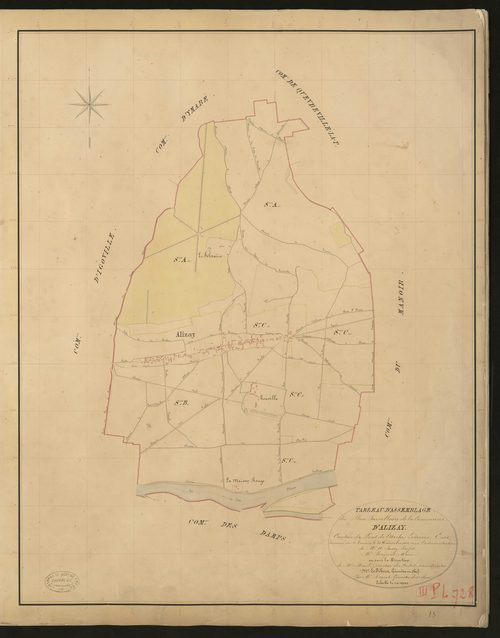 Alizay. Tableau d'assemblage _ du Plan Parcellaire de la Commune d'Alizay. _ Canton de Pont-de-l'Arche - Louviers - Eure. _ Terminé sur le terrain le 30 décembre 1834 sous l'administration de M. A. Passy, Préfet _ M. Réquier, maire _ en sou