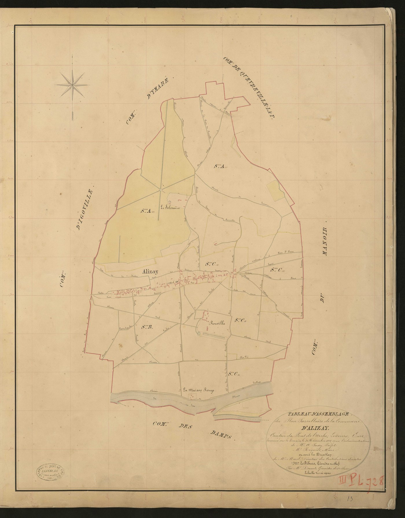 Alizay. Tableau d'assemblage _ du Plan Parcellaire de la Commune d'Alizay. _ Canton de Pont-de-l'Arche - Louviers - Eure. _ Terminé sur le terrain le 30 décembre 1834 sous l'administration de M. A. Passy, Préfet _ M. Réquier, maire _ en sou