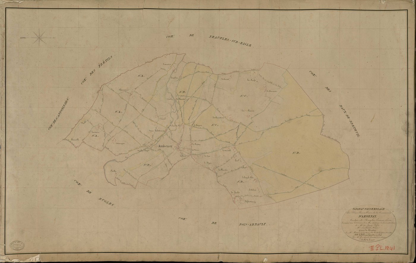 Ambenay. Tableau d'assemblage _ du Plan Parcellaire de la Commune d'Ambenay _ Canton de Rugles - Evreux - Eure. _ Terminé sur le Terrain le 12 Mai 1835, sous l'administration de M. A Passy, Préfet _ M. Saillard, Maire _ et sous la Direction