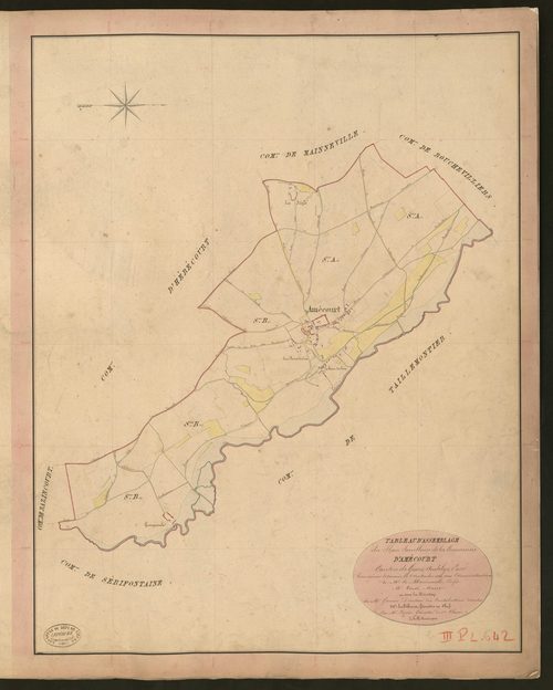 Amécourt. Tableau d'assemblage du Plan Parcellaire de la Commune d'Amécourt. _ Canton de Gisors - Andelys - Eure. _ Terminé sur le terrain le 8 septembre 1840, sous l'administration de M. de Monicault, Préfet - M. Vinot, Maire et sous la di
