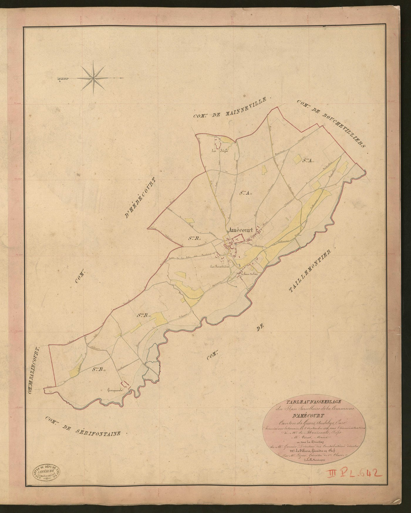 Amécourt. Tableau d'assemblage du Plan Parcellaire de la Commune d'Amécourt. _ Canton de Gisors - Andelys - Eure. _ Terminé sur le terrain le 8 septembre 1840, sous l'administration de M. de Monicault, Préfet - M. Vinot, Maire et sous la di